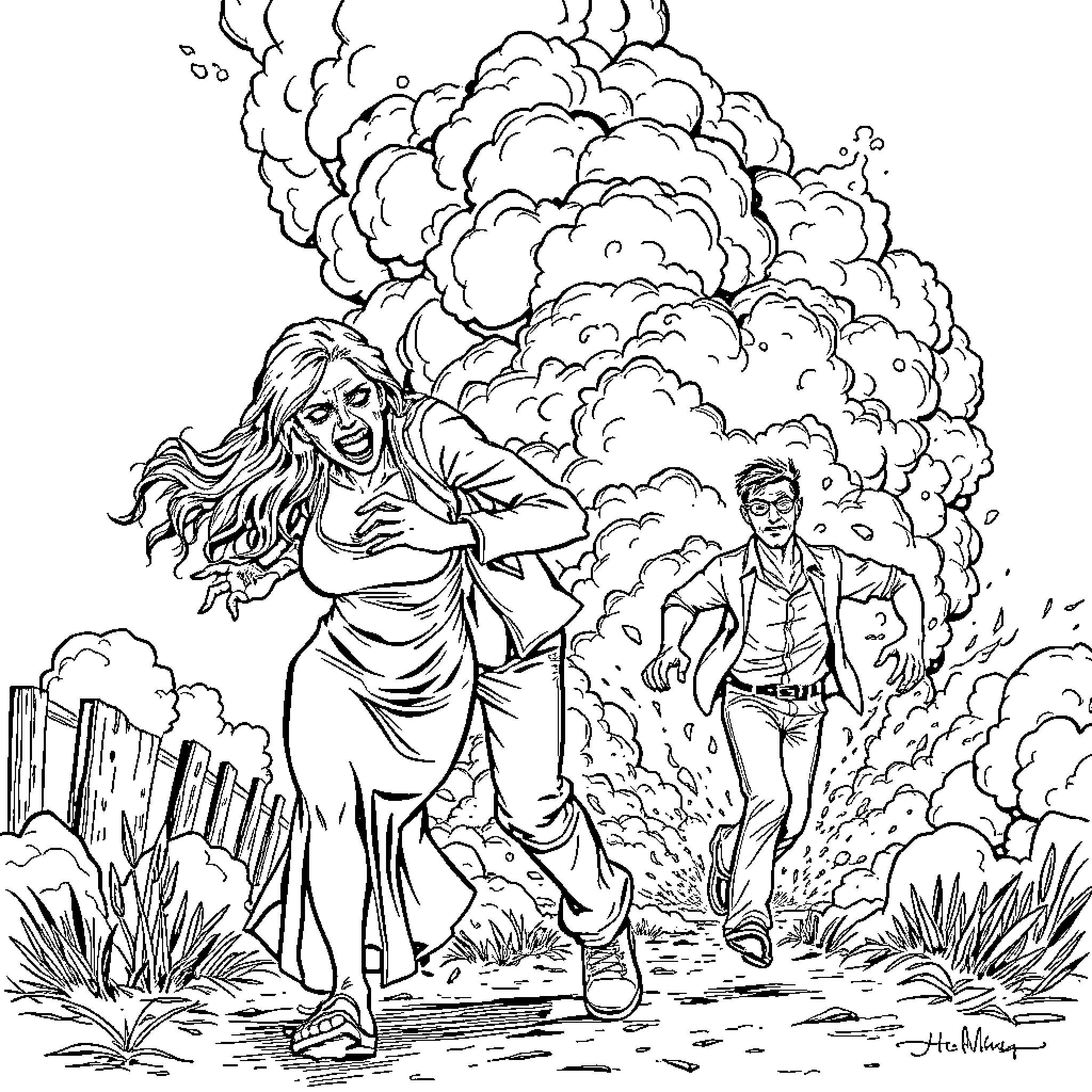 Zombie Chaos: Desperate Escape Through the Apocalypse Coloring Page (free black-and-white line drawing printable PDF for all, from beginners to advanced learners, including children, teens, adults, and seniors)
