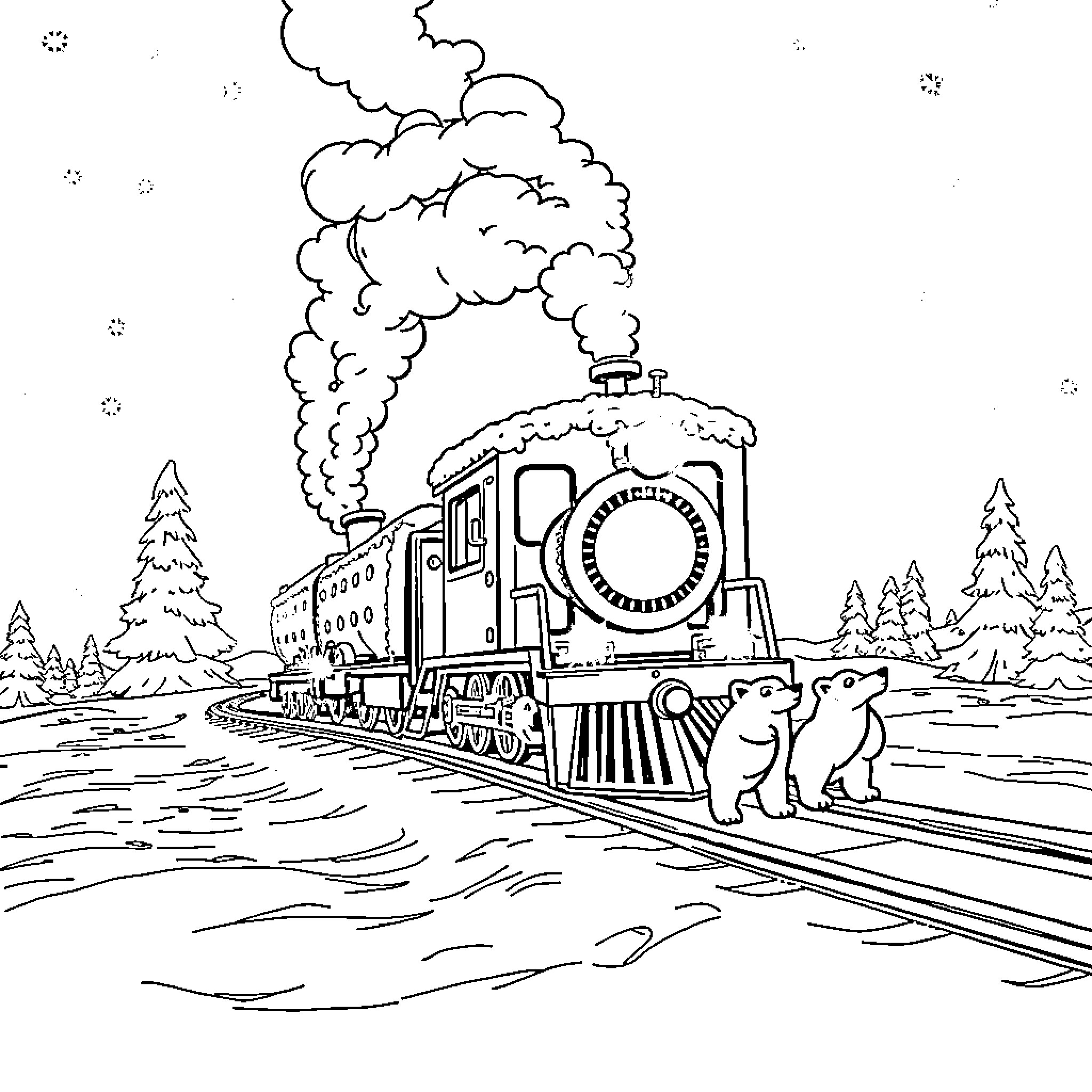 Train rushing through the snowy countryside Coloring Page (free black-and-white line drawing printable PDF for all, from beginners to advanced learners, including children, teens, adults, and seniors)