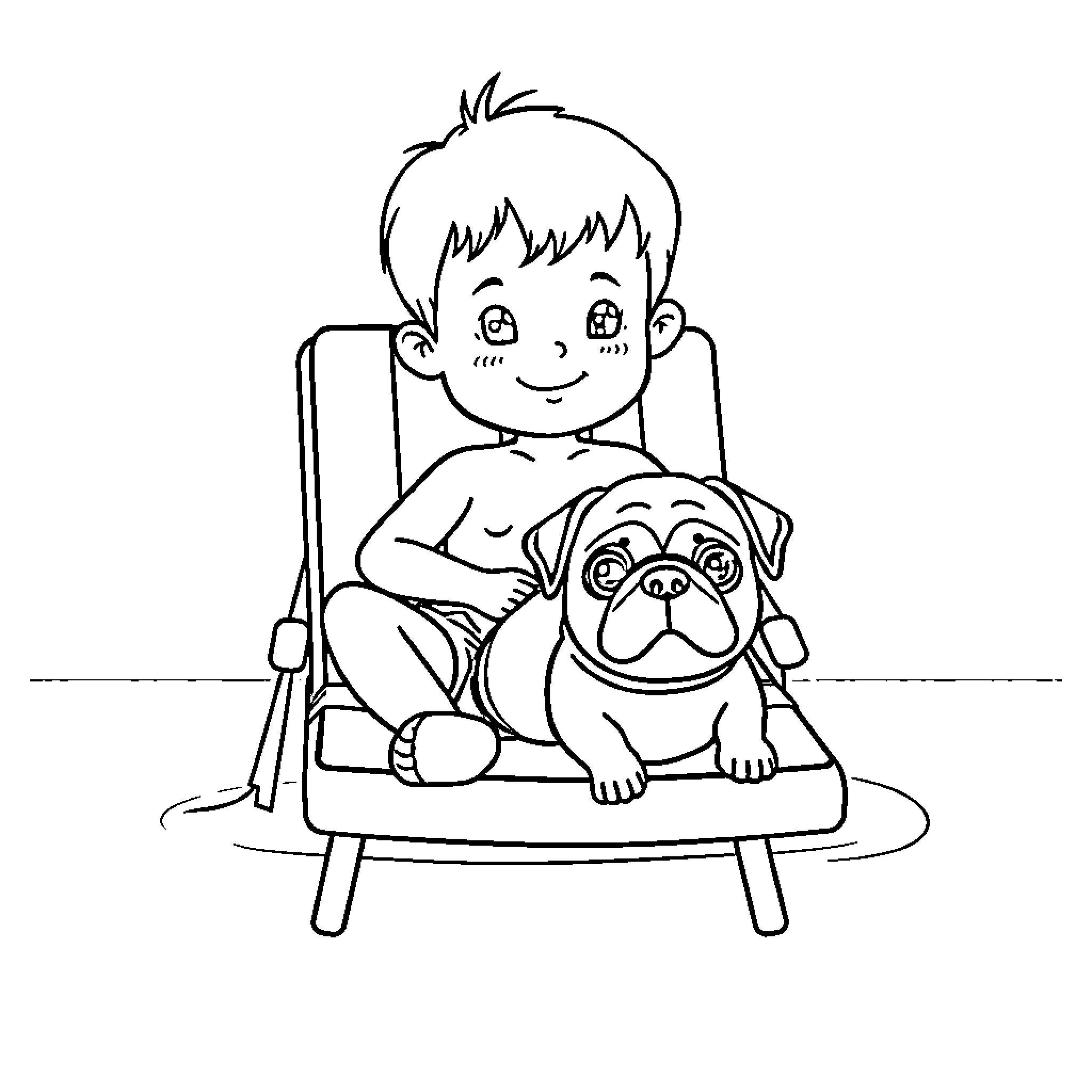 Pug comforts young boy in chair Coloring Page (free black-and-white line drawing printable PDF for all, from beginners to advanced learners, including children, teens, adults, and seniors)