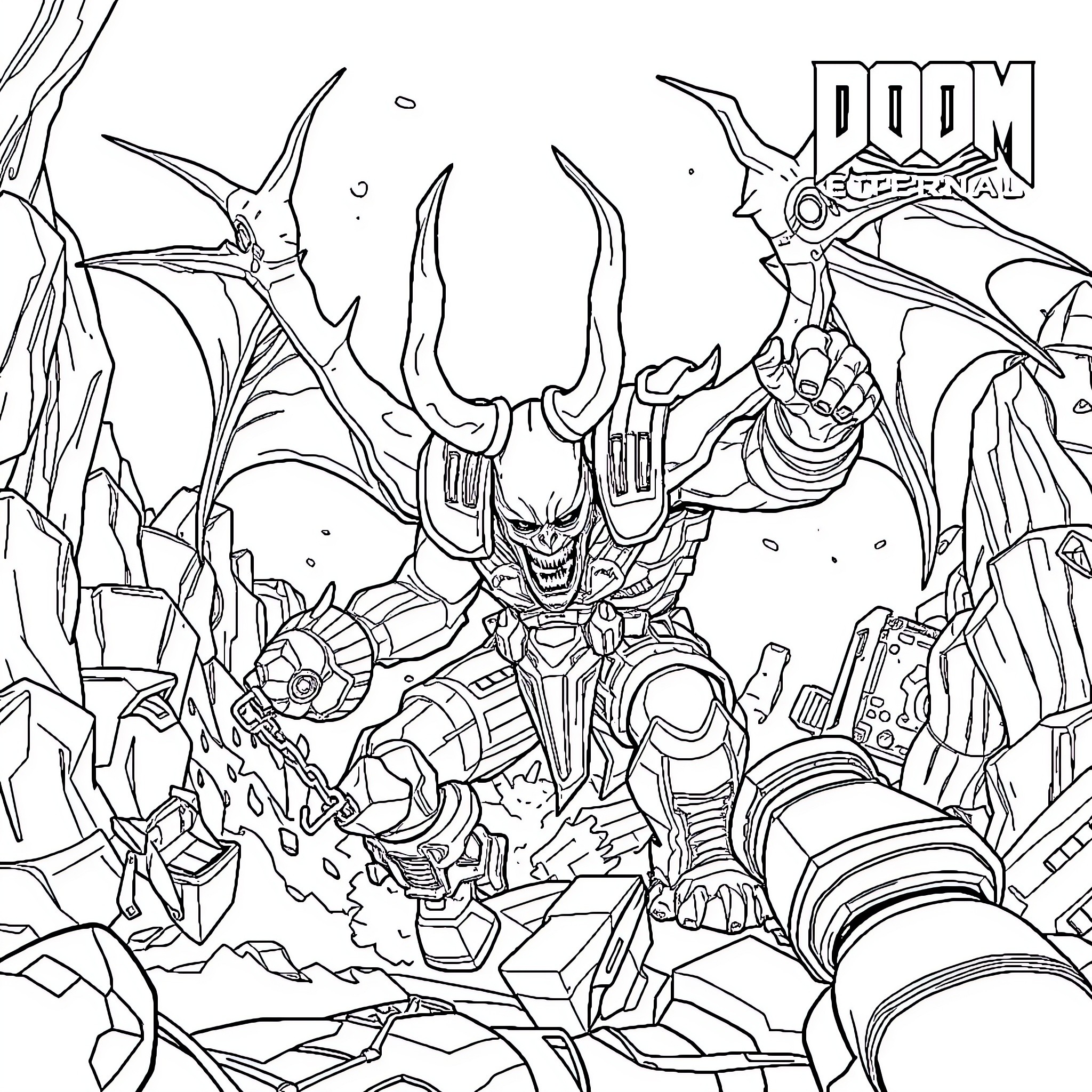 Doom Eternal: Demonic Destruction Unleashed Coloring Page (free black-and-white line drawing printable PDF for all, from beginners to advanced learners, including children, teens, adults, and seniors)