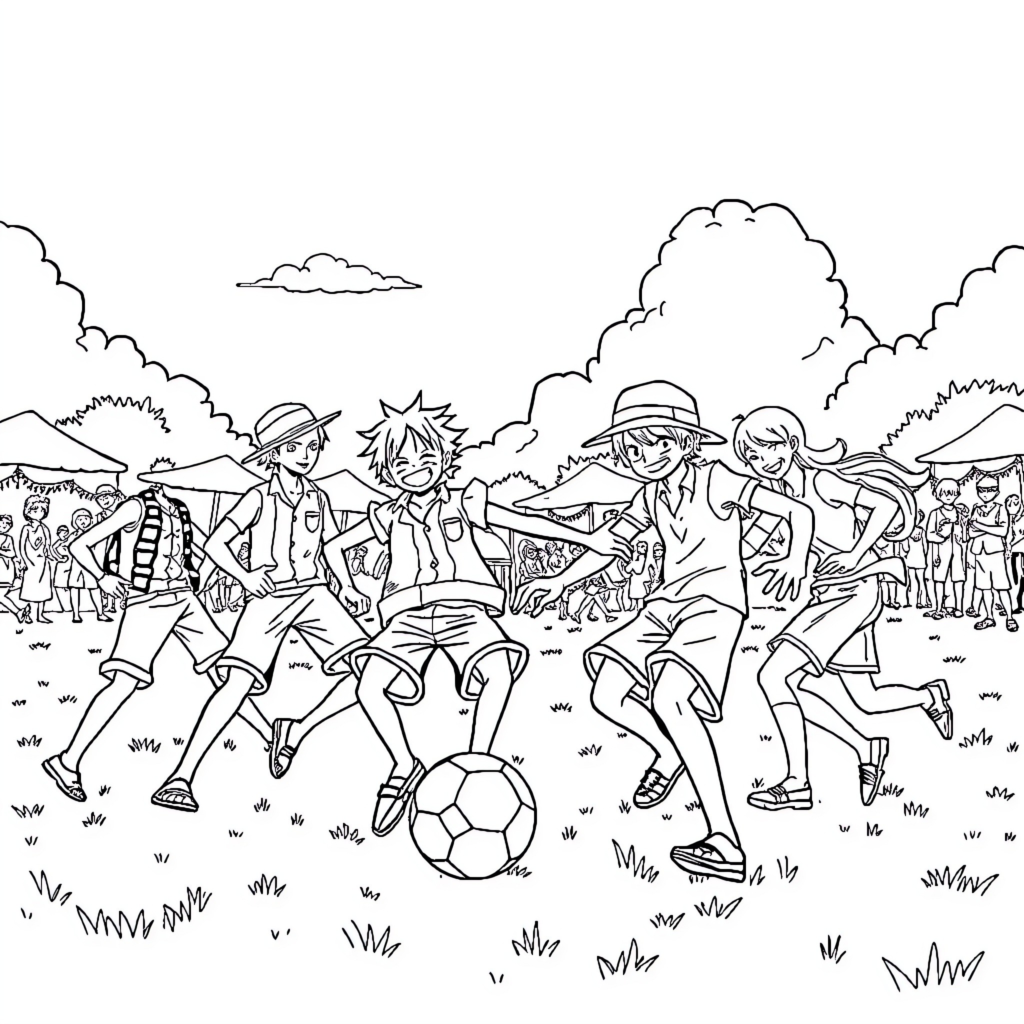 One Piece Characters Playing Soccer in the Countryside Coloring Page (free black-and-white line drawing printable PDF for all, from beginners to advanced learners, including children, teens, adults, and seniors)