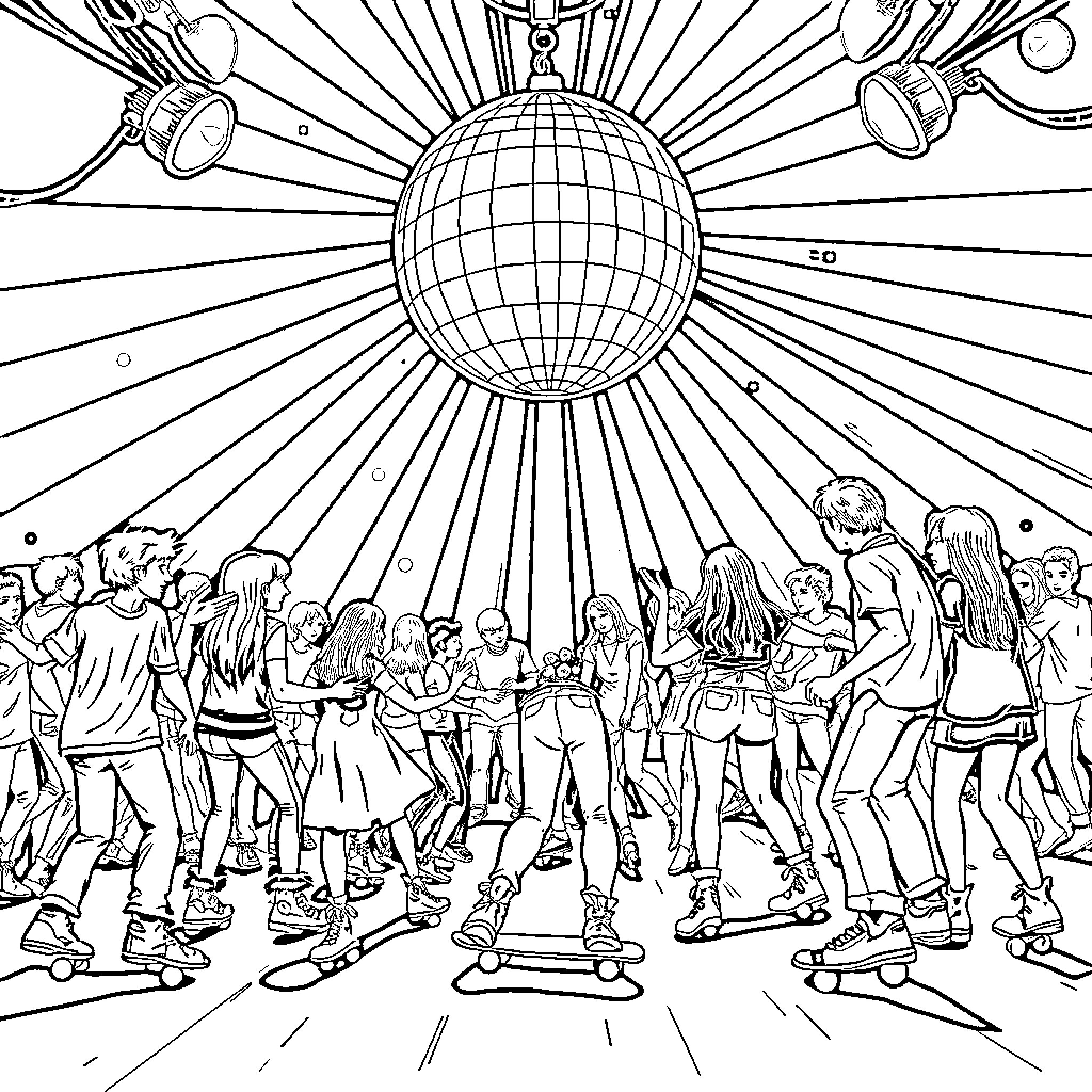 Skate party under the disco ball Coloring Page (free black-and-white line drawing printable PDF for all, from beginners to advanced learners, including children, teens, adults, and seniors)