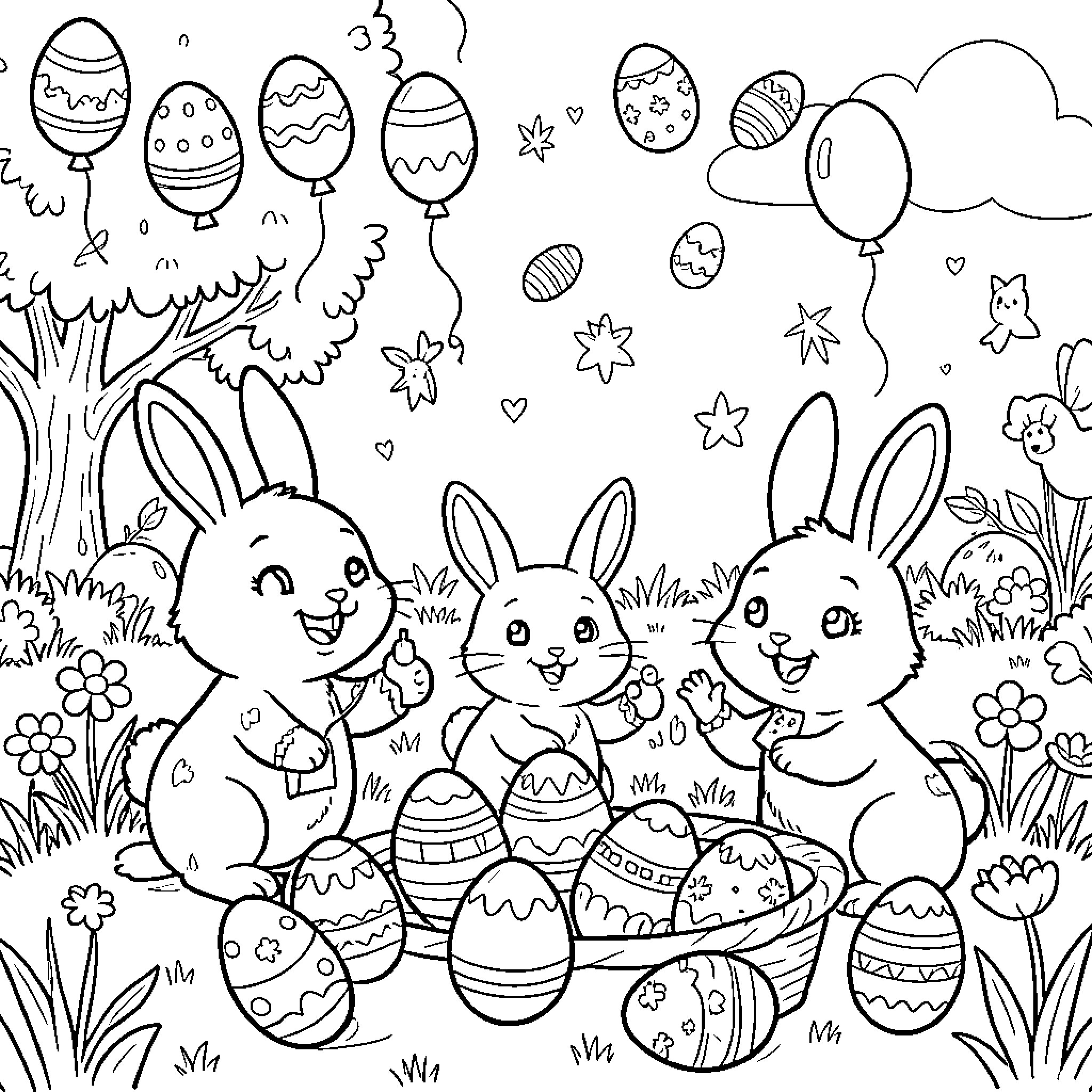 Easter bunnies and eggs in a whimsical garden Coloring Page (free black-and-white line drawing printable PDF for all, from beginners to advanced learners, including children, teens, adults, and seniors)