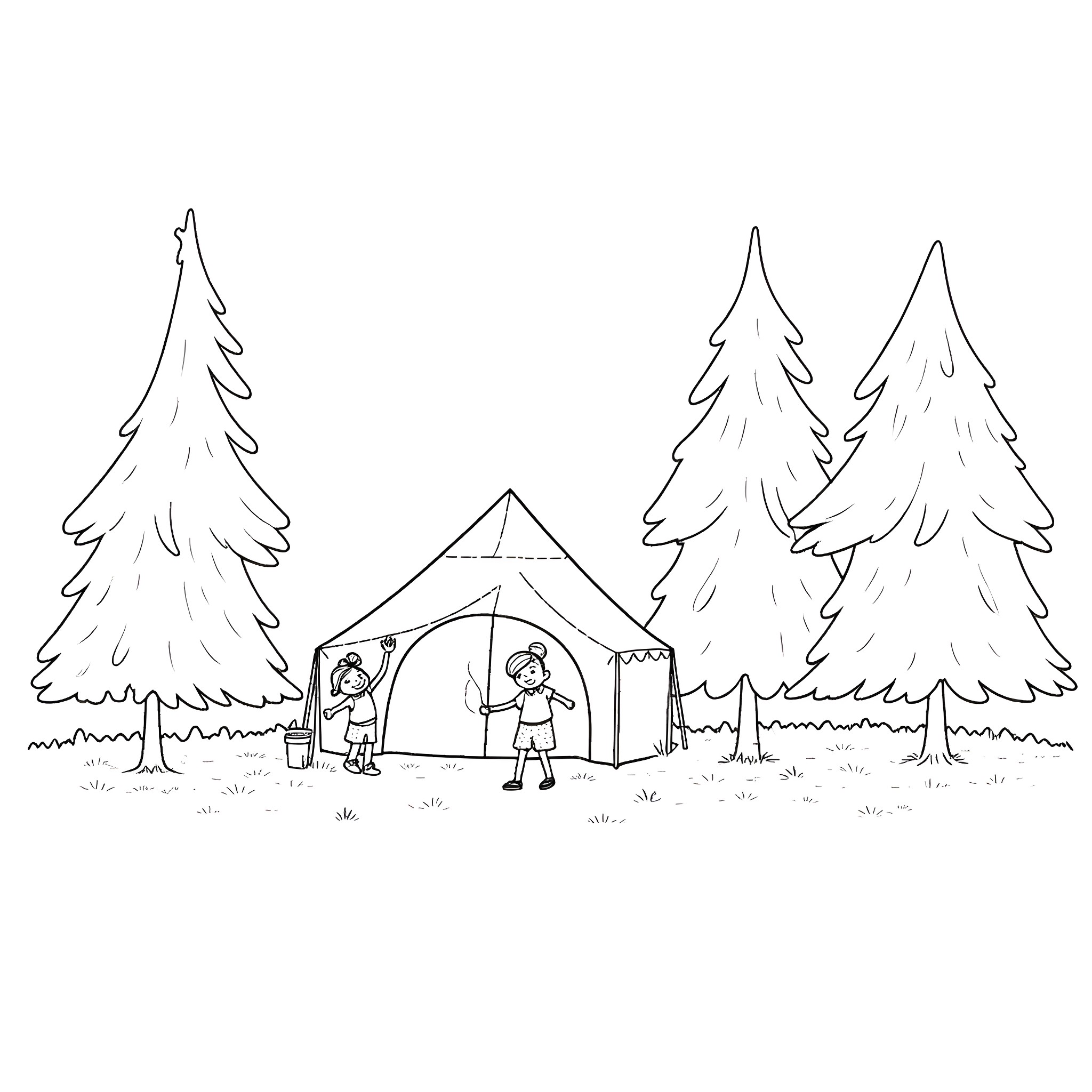 Camp adventure in the forest Coloring Page (free black-and-white line drawing printable PDF for all, from beginners to advanced learners, including children, teens, adults, and seniors)