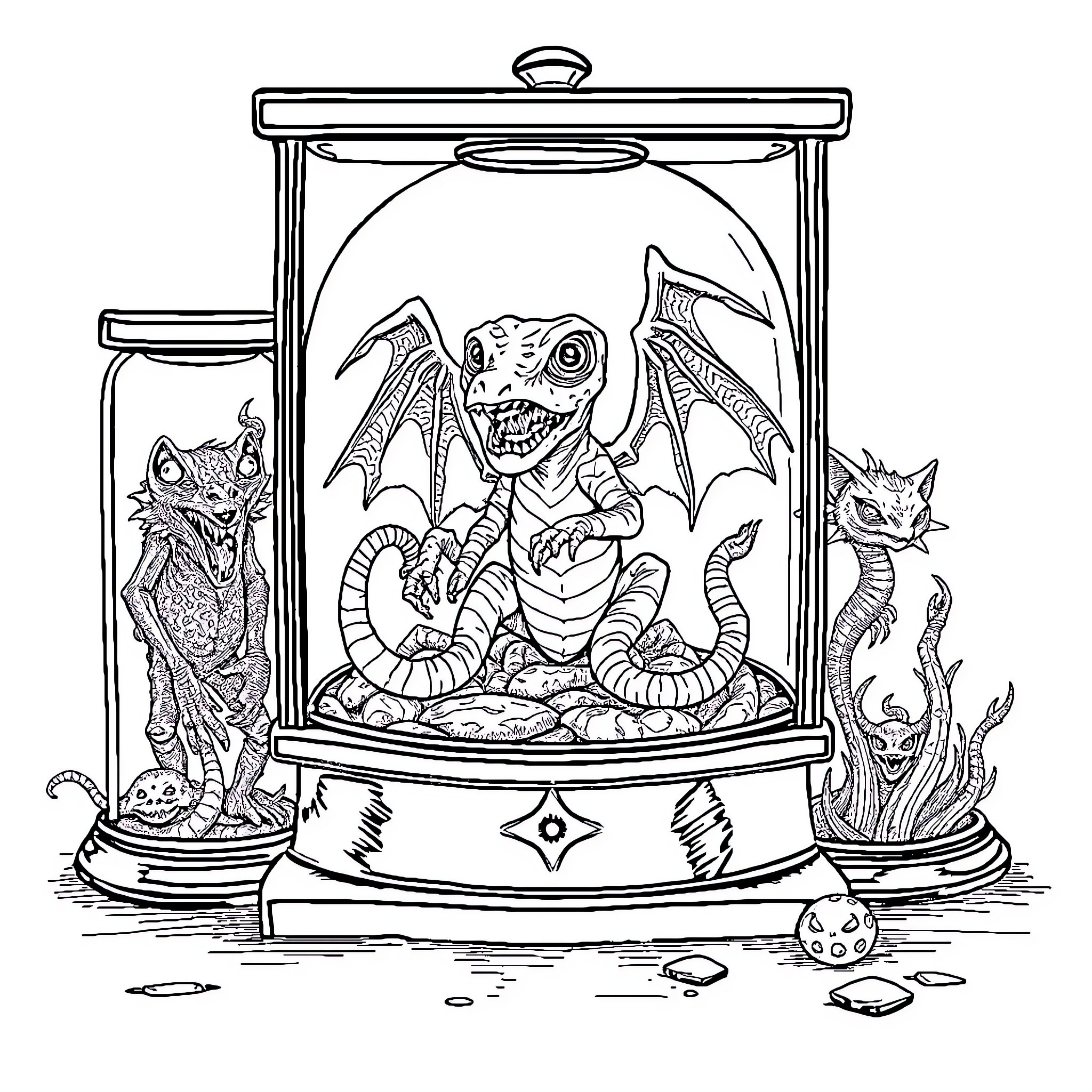 Creature enclosed in glass display with feline companions Coloring Page (free black-and-white line drawing printable PDF for all, from beginners to advanced learners, including children, teens, adults, and seniors)