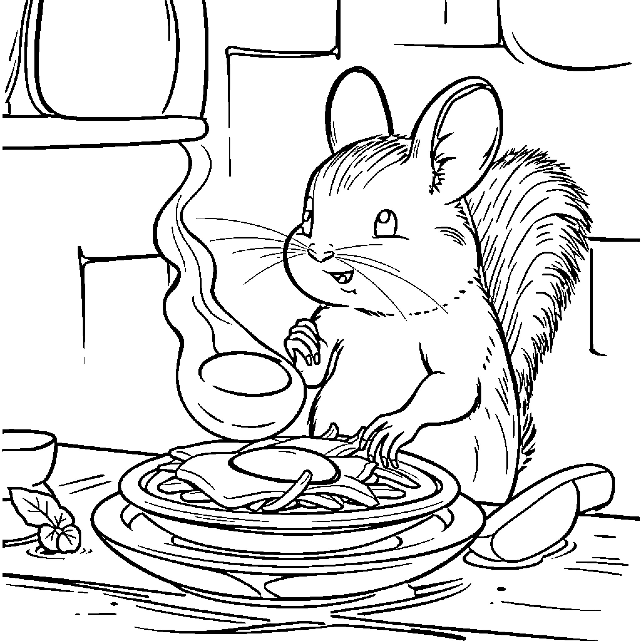 Mouse enjoying a cozy meal in the kitchen Coloring Page (free black-and-white line drawing printable PDF for all, from beginners to advanced learners, including children, teens, adults, and seniors)