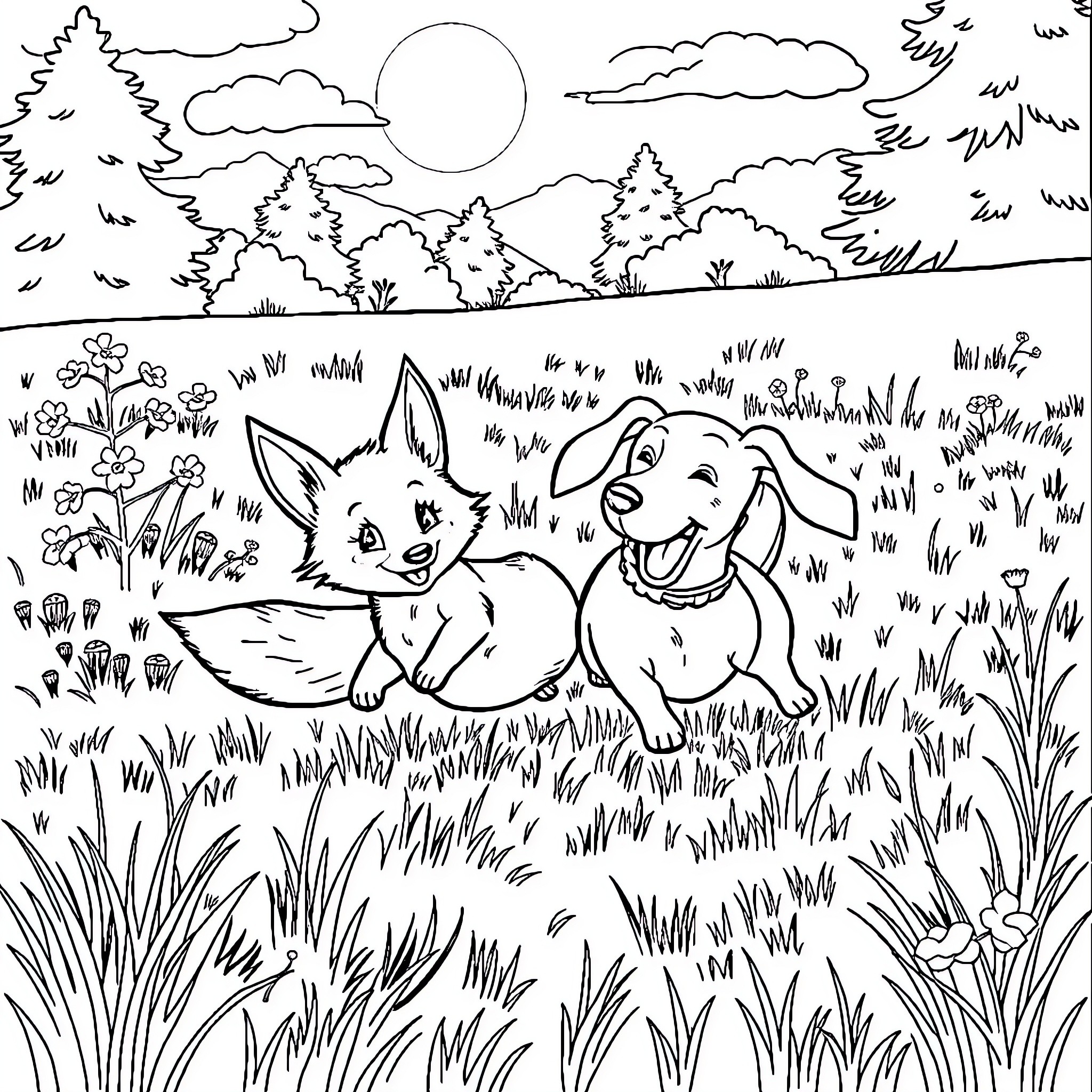 Fox friends playing happily in the meadow Coloring Page (free black-and-white line drawing printable PDF for all, from beginners to advanced learners, including children, teens, adults, and seniors)