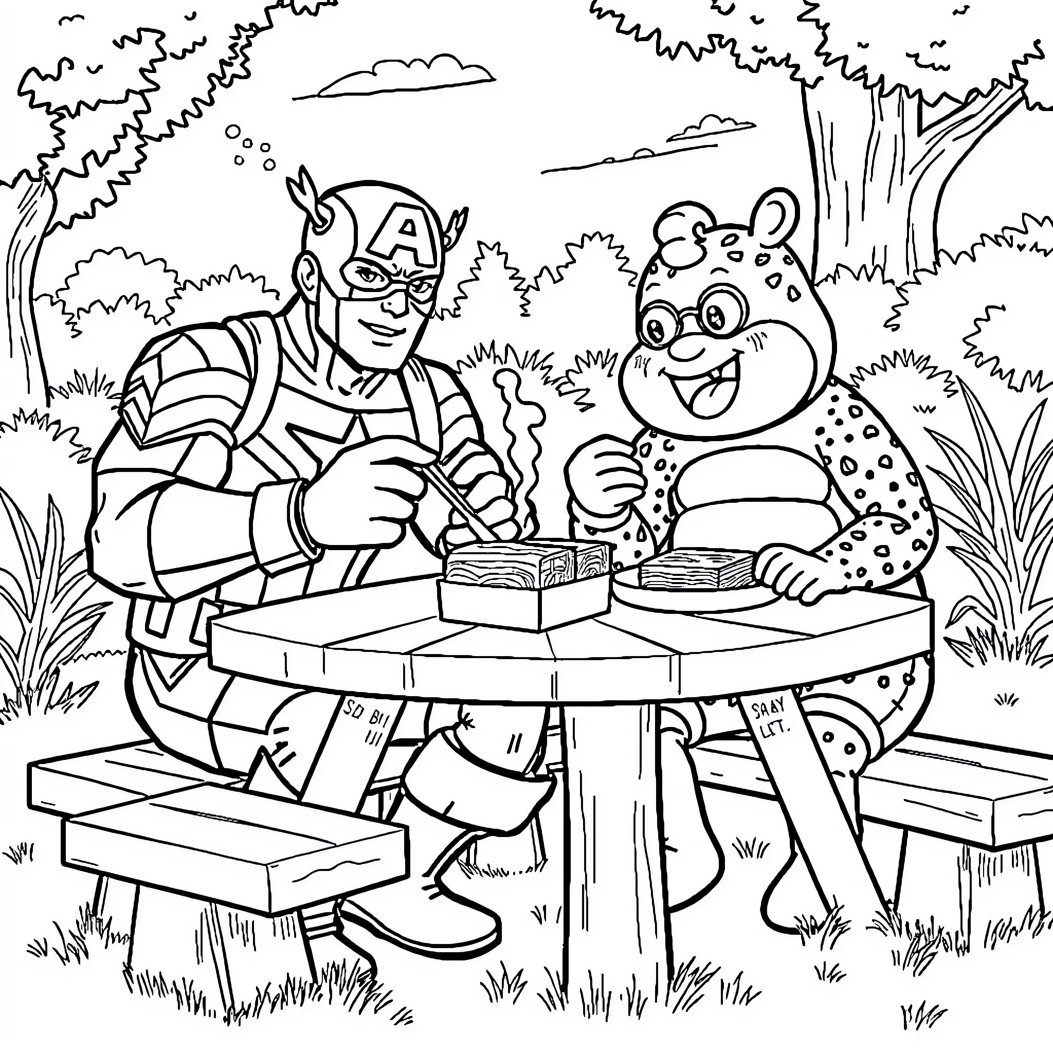 Captain America and his Friendly Companion Explore the Outdoors Coloring Page (free black-and-white line drawing printable PDF for all, from beginners to advanced learners, including children, teens, adults, and seniors)