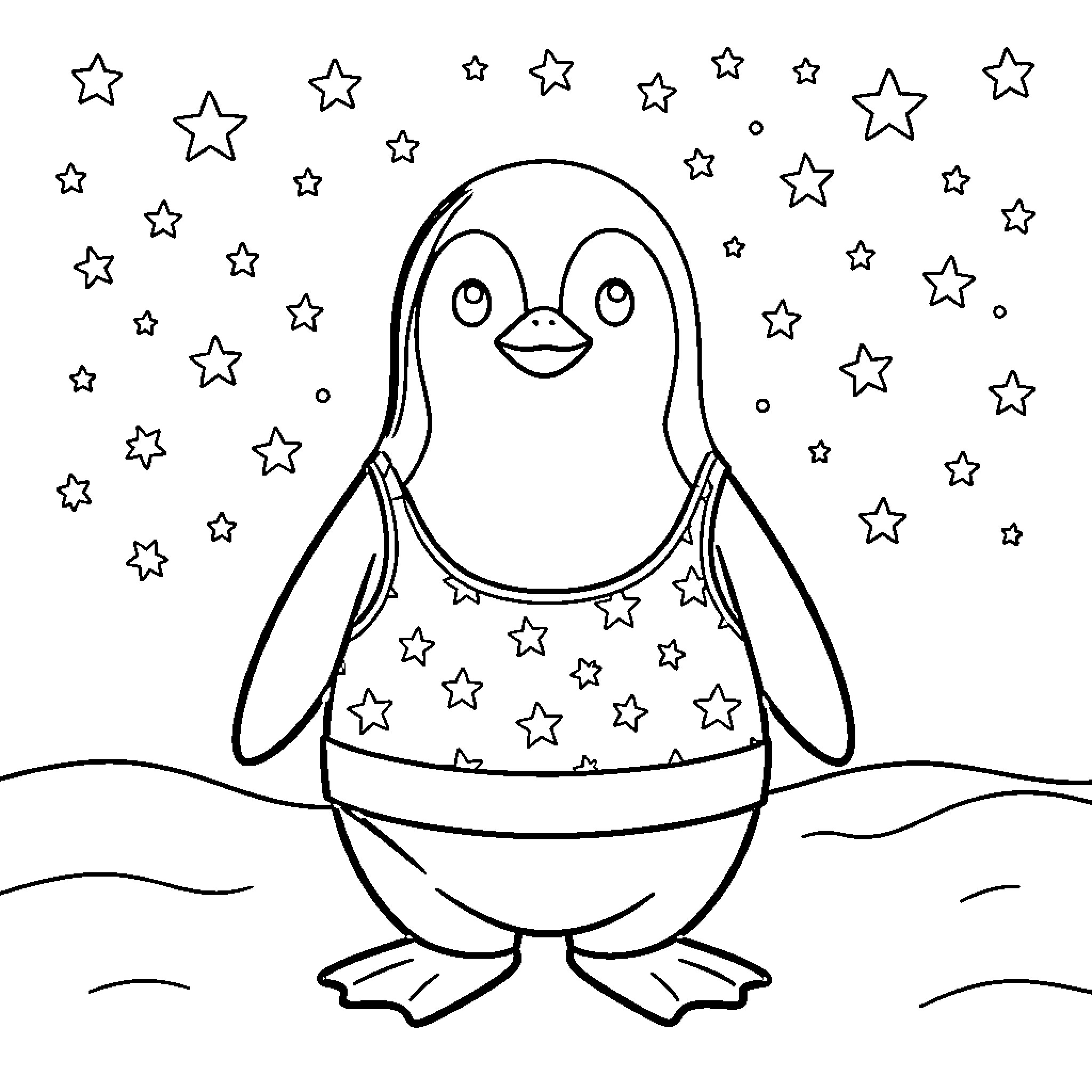 Penguin wearing star pattern outfit under a starry sky Coloring Page (free black-and-white line drawing printable PDF for all, from beginners to advanced learners, including children, teens, adults, and seniors)