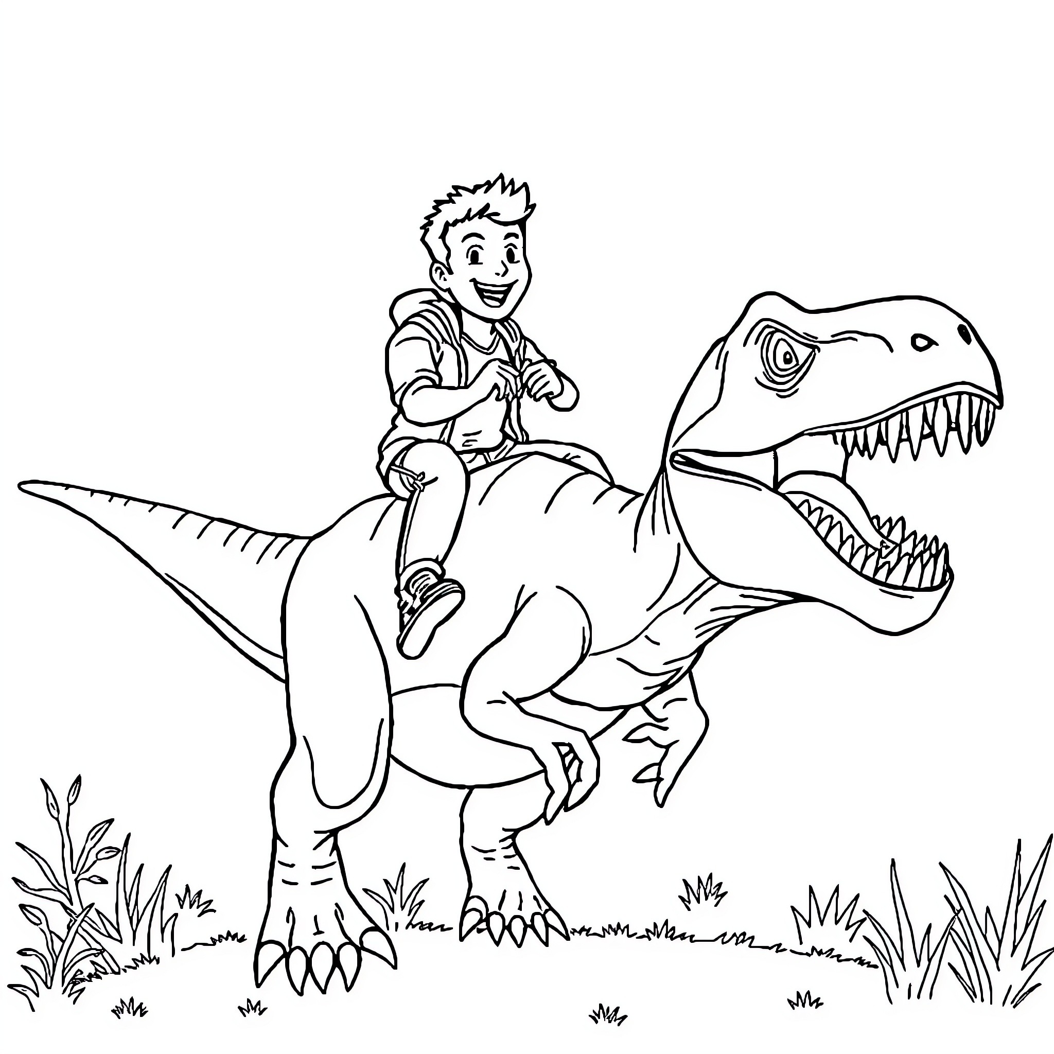 Pedro Pascal riding a ferocious dinosaur in the wilderness Coloring Page (free black-and-white line drawing printable PDF for all, from beginners to advanced learners, including children, teens, adults, and seniors)