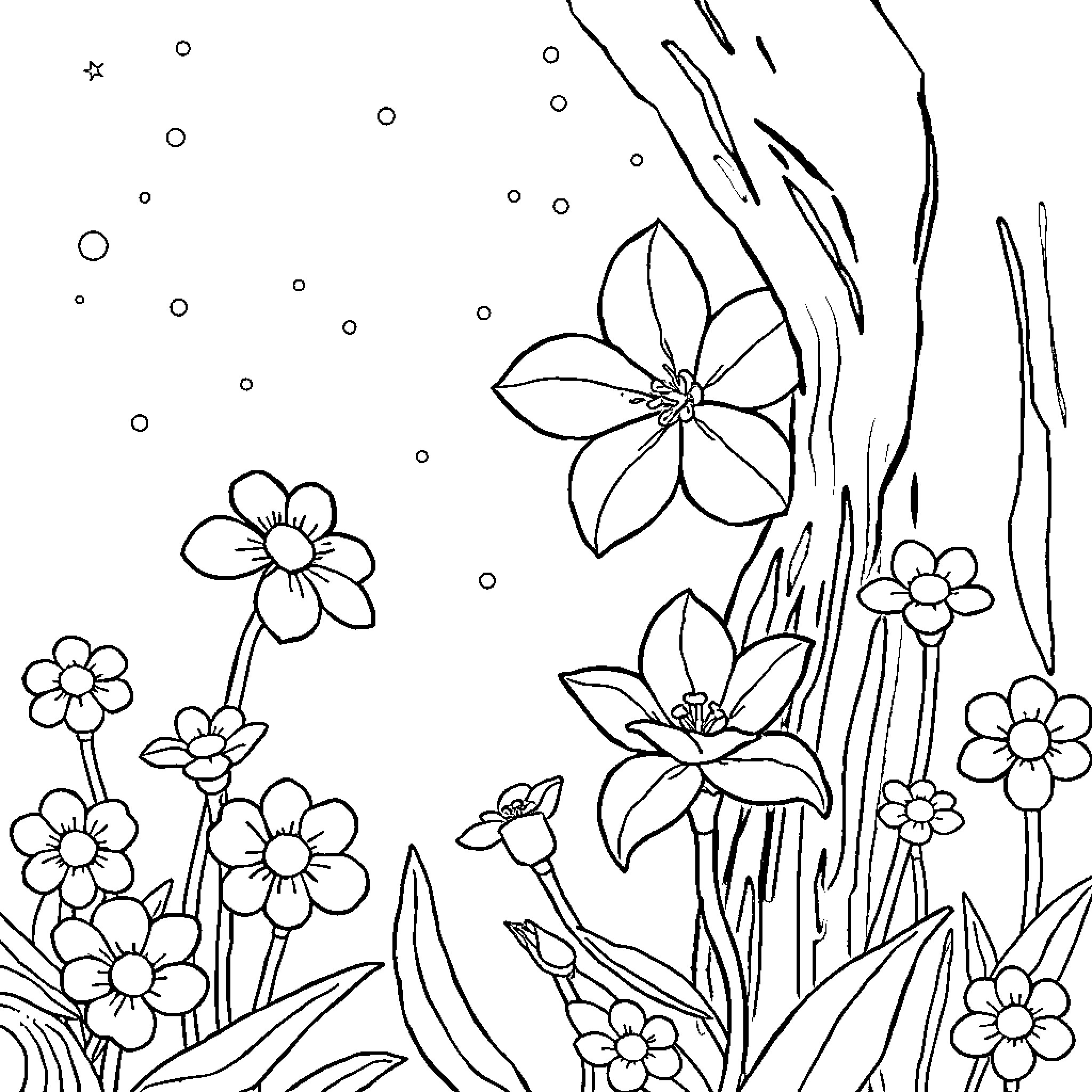 Nina's Flower Garden Adventure Coloring Page (free black-and-white line drawing printable PDF for all, from beginners to advanced learners, including children, teens, adults, and seniors)