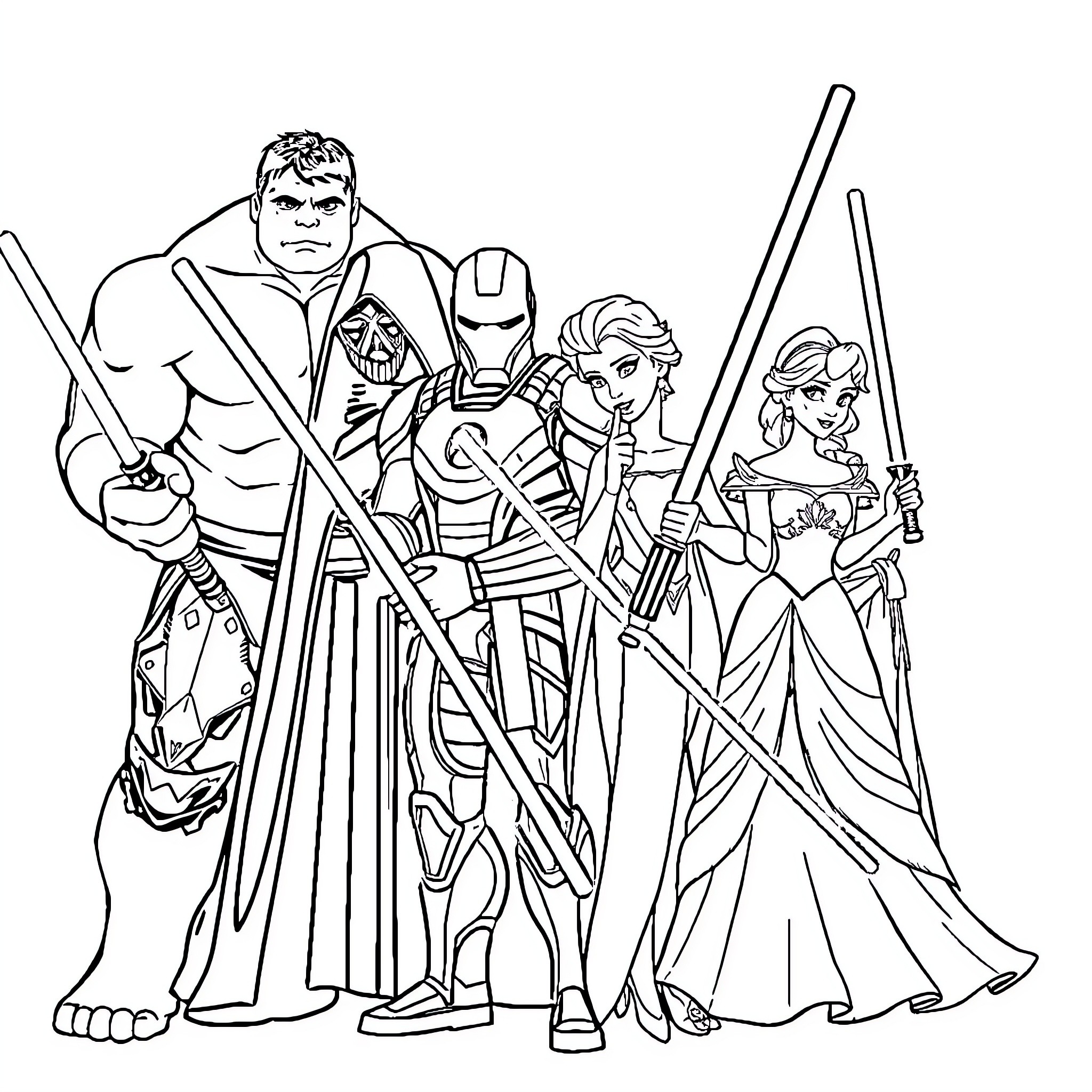 Character group of heroic fantasy warriors Coloring Page (free black-and-white line drawing printable PDF for all, from beginners to advanced learners, including children, teens, adults, and seniors)