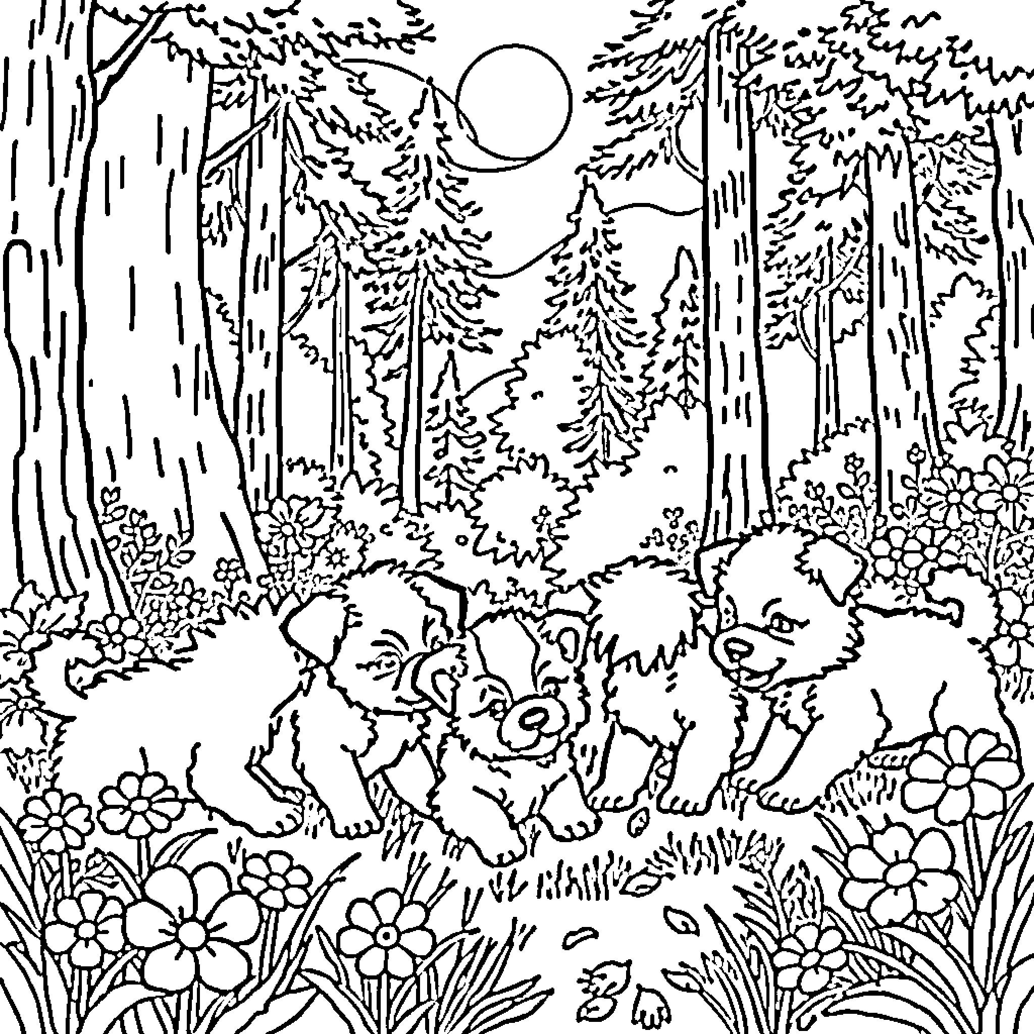 Puppies frolicking in a whimsical forest scene Coloring Page (free black-and-white line drawing printable PDF for all, from beginners to advanced learners, including children, teens, adults, and seniors)