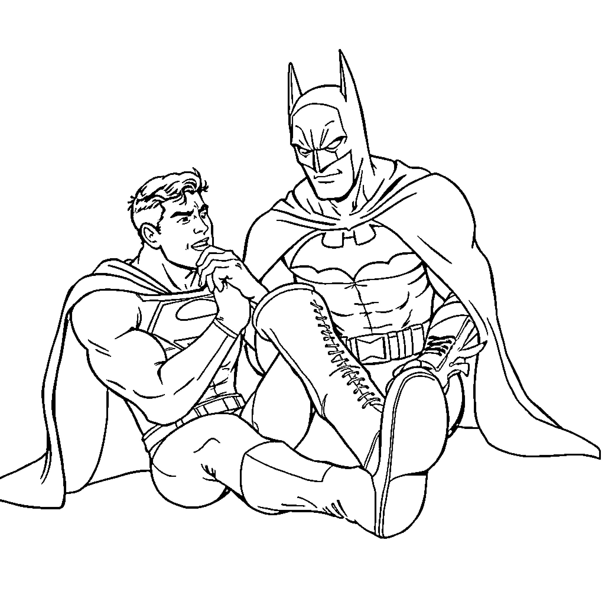 Superman and Batman sharing a tender moment Coloring Page (free black-and-white line drawing printable PDF for all, from beginners to advanced learners, including children, teens, adults, and seniors)