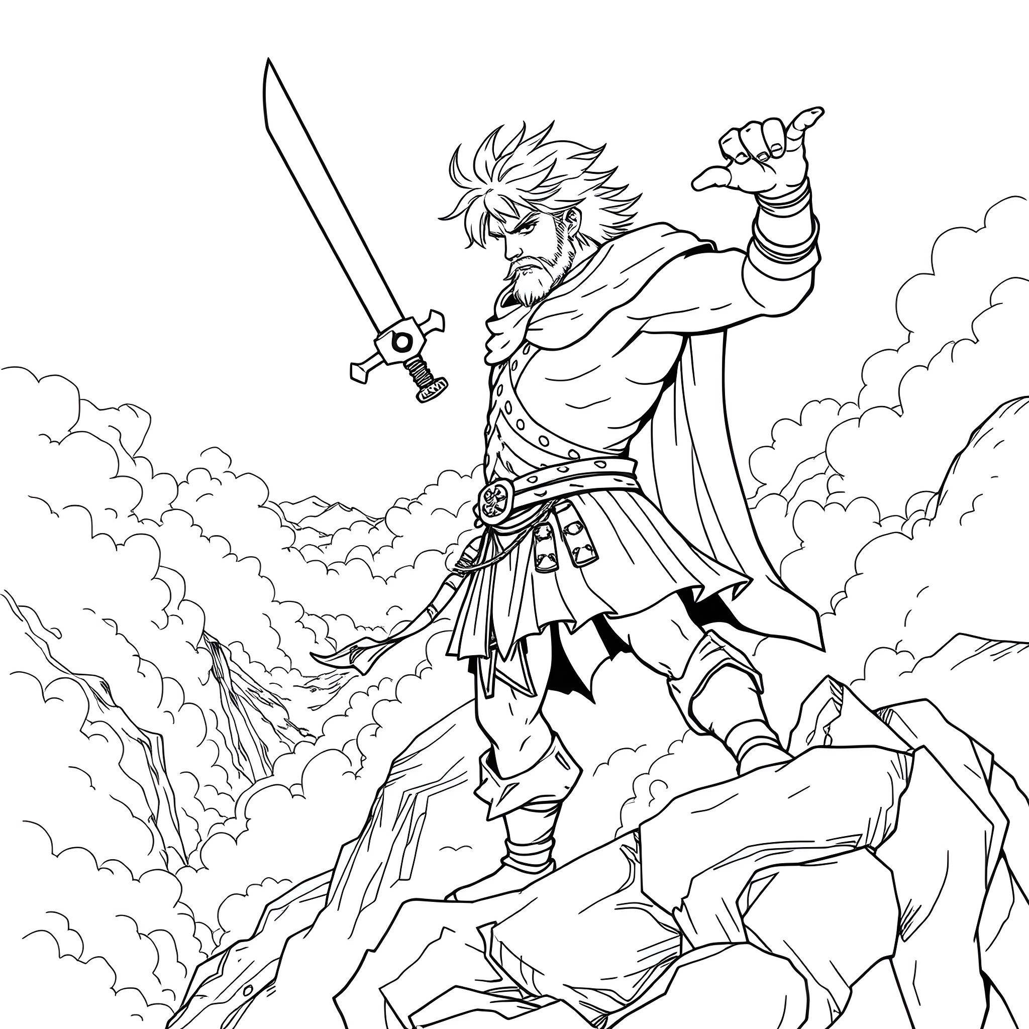 Meliodas the Fierce Warrior Wielding a Sword in Action Coloring Page (free black-and-white line drawing printable PDF for all, from beginners to advanced learners, including children, teens, adults, and seniors)