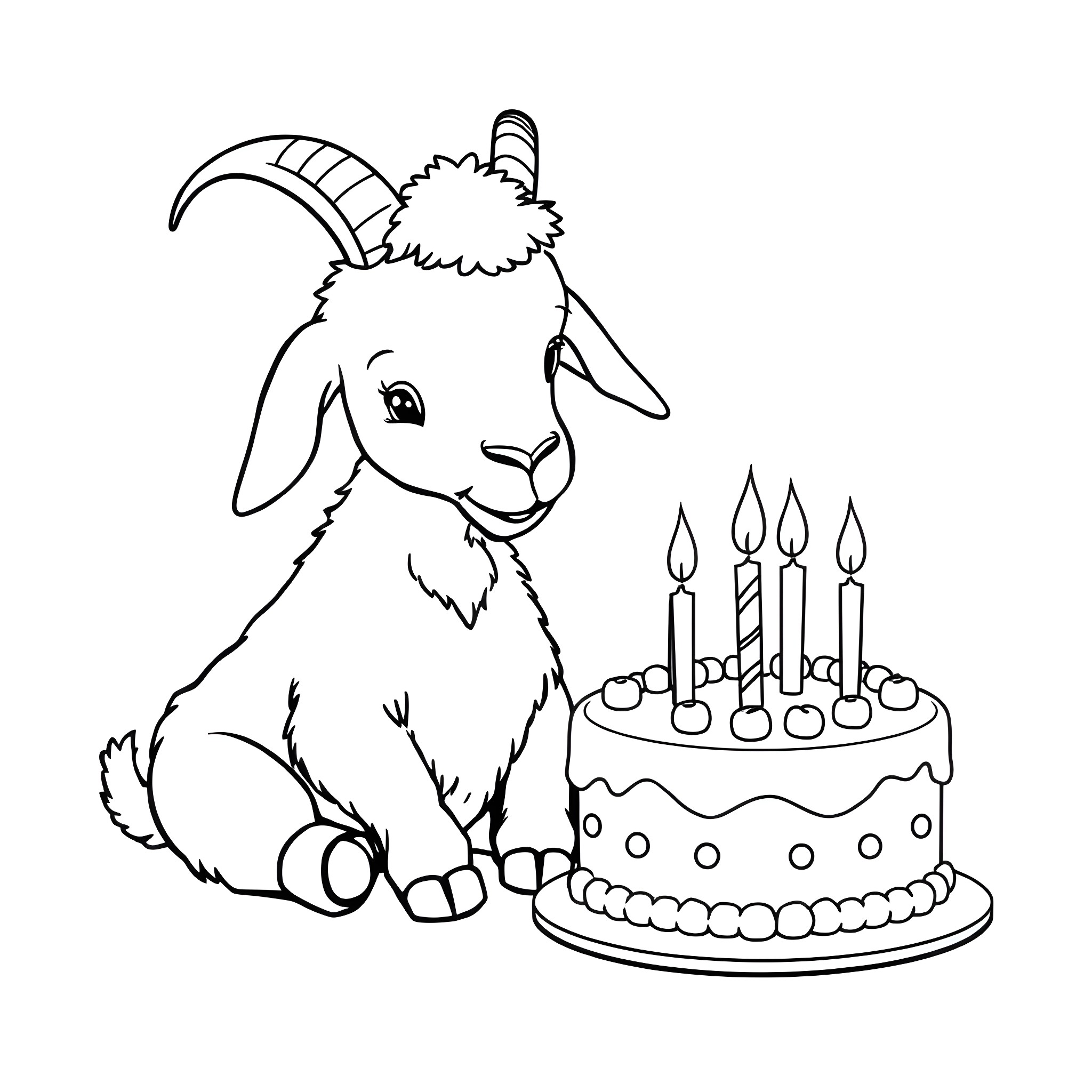 Goat celebrating birthday with cake and candles Coloring Page (free black-and-white line drawing printable PDF for all, from beginners to advanced learners, including children, teens, adults, and seniors)