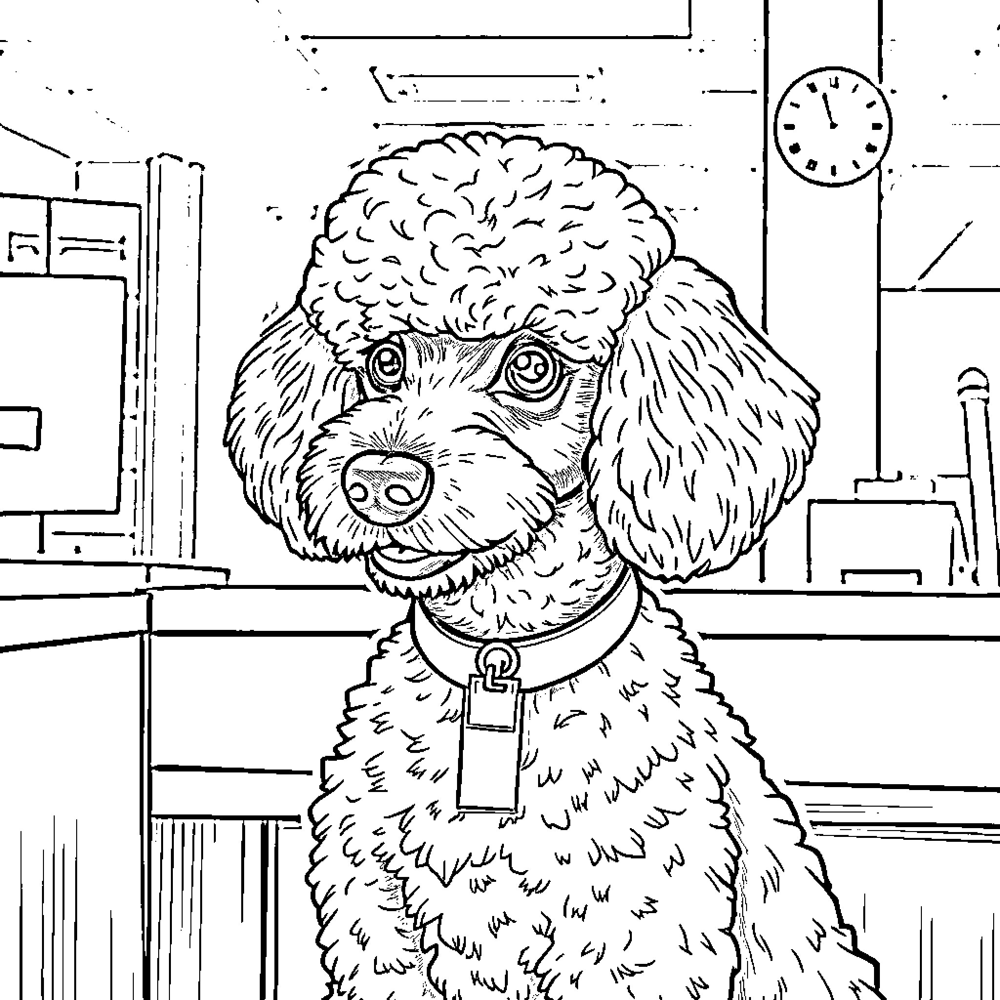 Poodle waiting patiently in the veterinary clinic Coloring Page (free black-and-white line drawing printable PDF for all, from beginners to advanced learners, including children, teens, adults, and seniors)