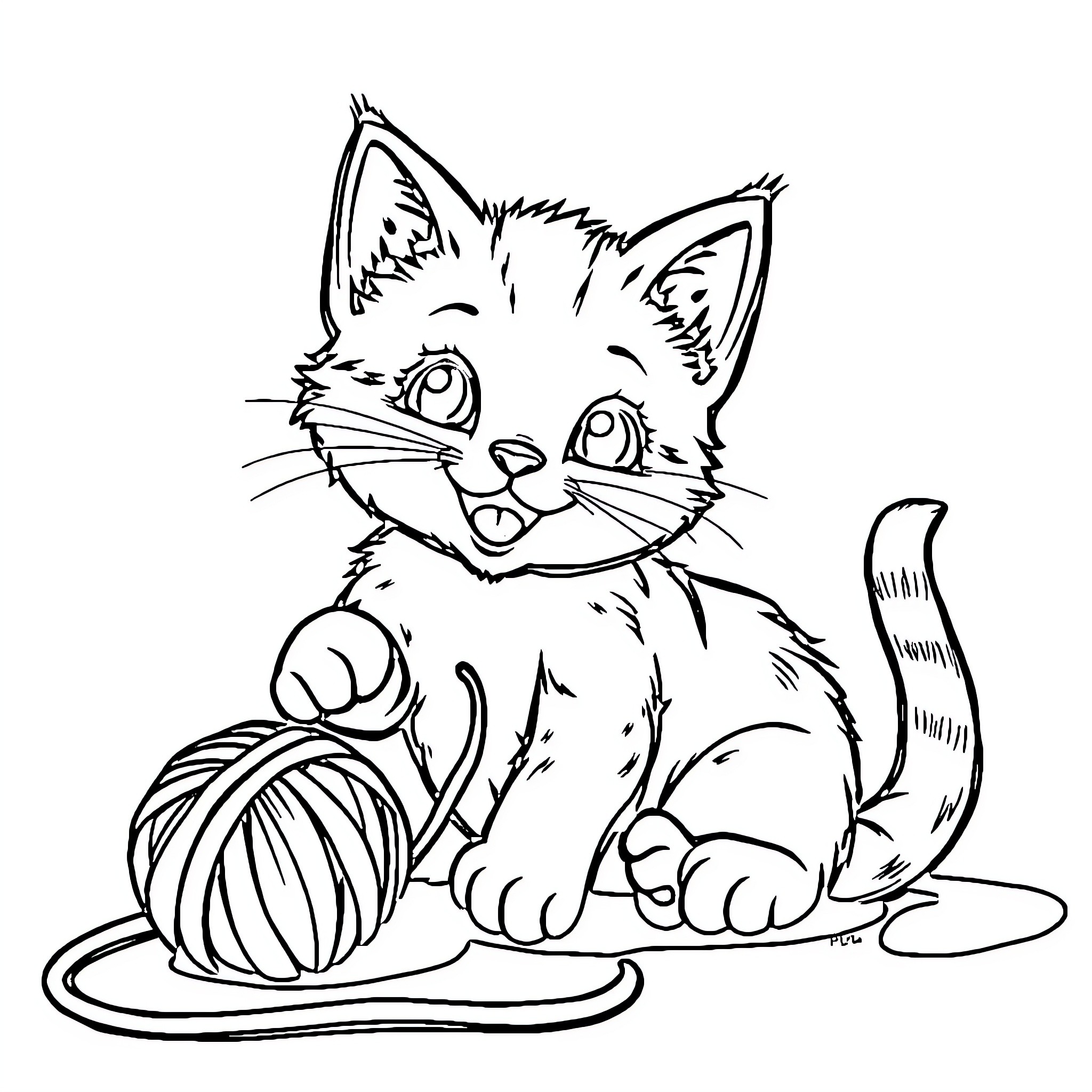 Kitty Playing with Yarn Coloring Page (free black-and-white line drawing printable PDF for all, from beginners to advanced learners, including children, teens, adults, and seniors)