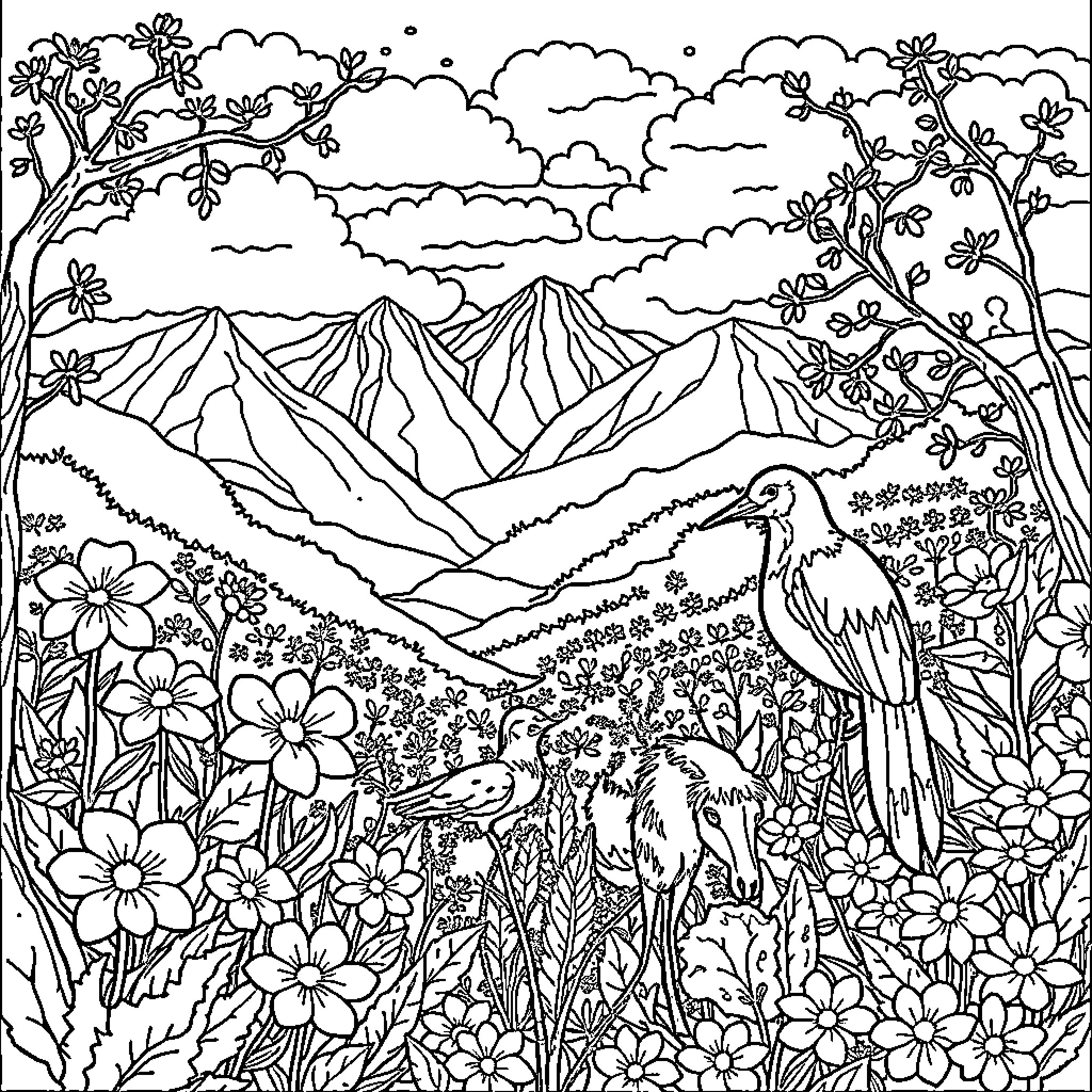 Flora in a Serene Mountain Landscape Coloring Page (free black-and-white line drawing printable PDF for all, from beginners to advanced learners, including children, teens, adults, and seniors)