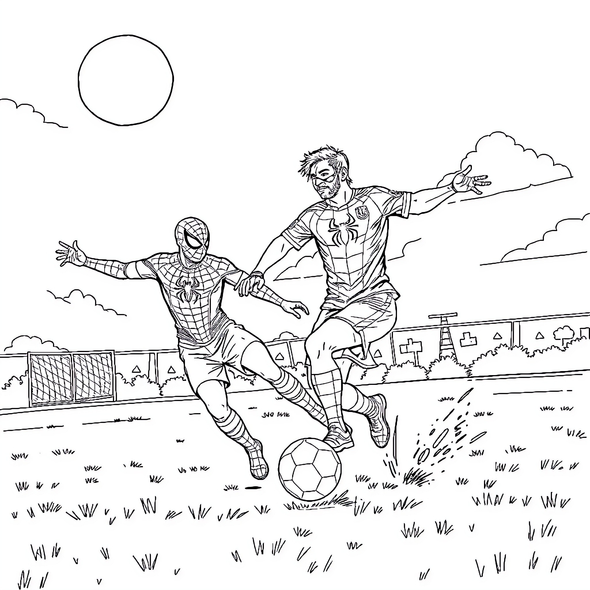 Spiderman and Iron Man playing soccer in the city Coloring Page (free black-and-white line drawing printable PDF for all, from beginners to advanced learners, including children, teens, adults, and seniors)