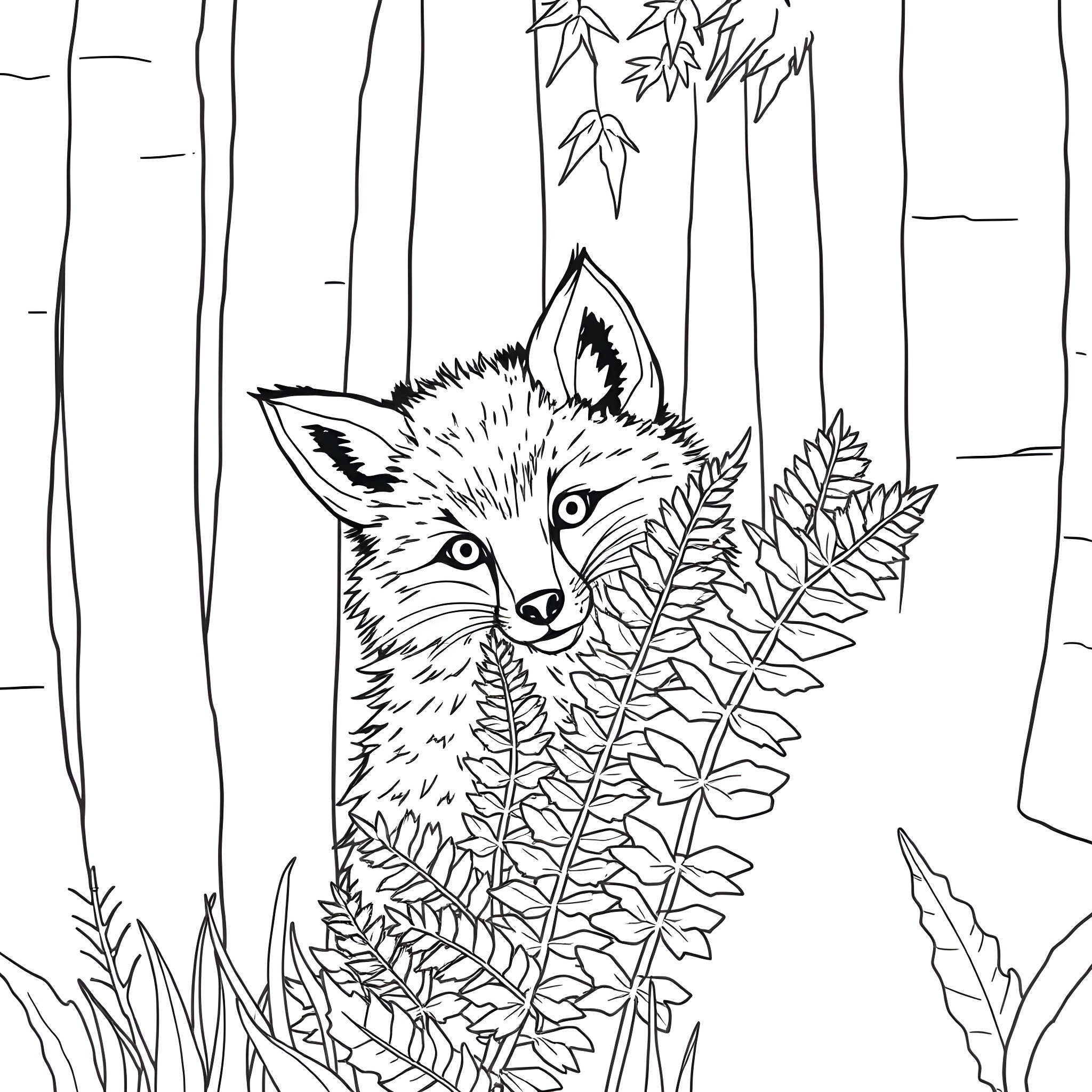 Fox peeking through the forest foliage Coloring Page (free black-and-white line drawing printable PDF for all, from beginners to advanced learners, including children, teens, adults, and seniors)