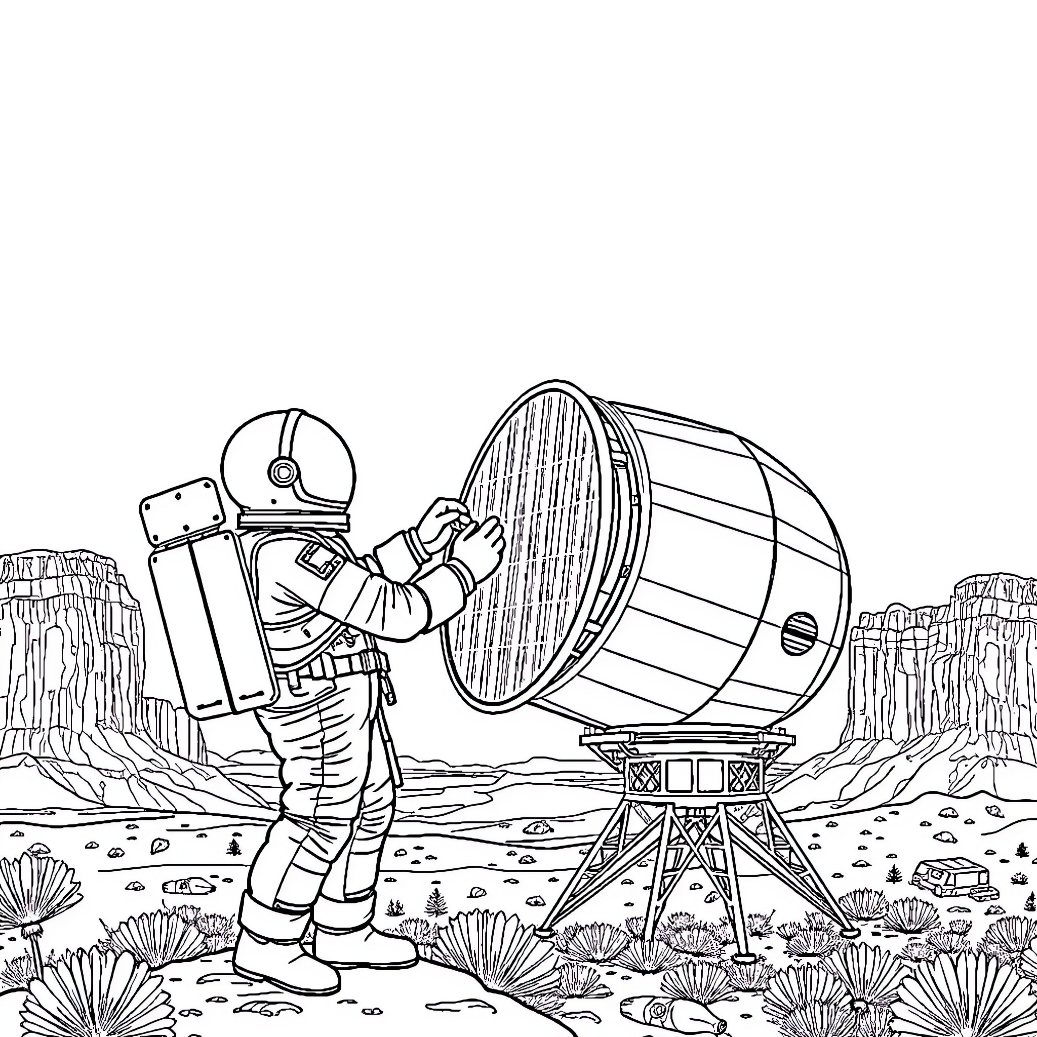 Astronaut exploring futuristic technology in desert landscape Coloring Page (free black-and-white line drawing printable PDF for all, from beginners to advanced learners, including children, teens, adults, and seniors)