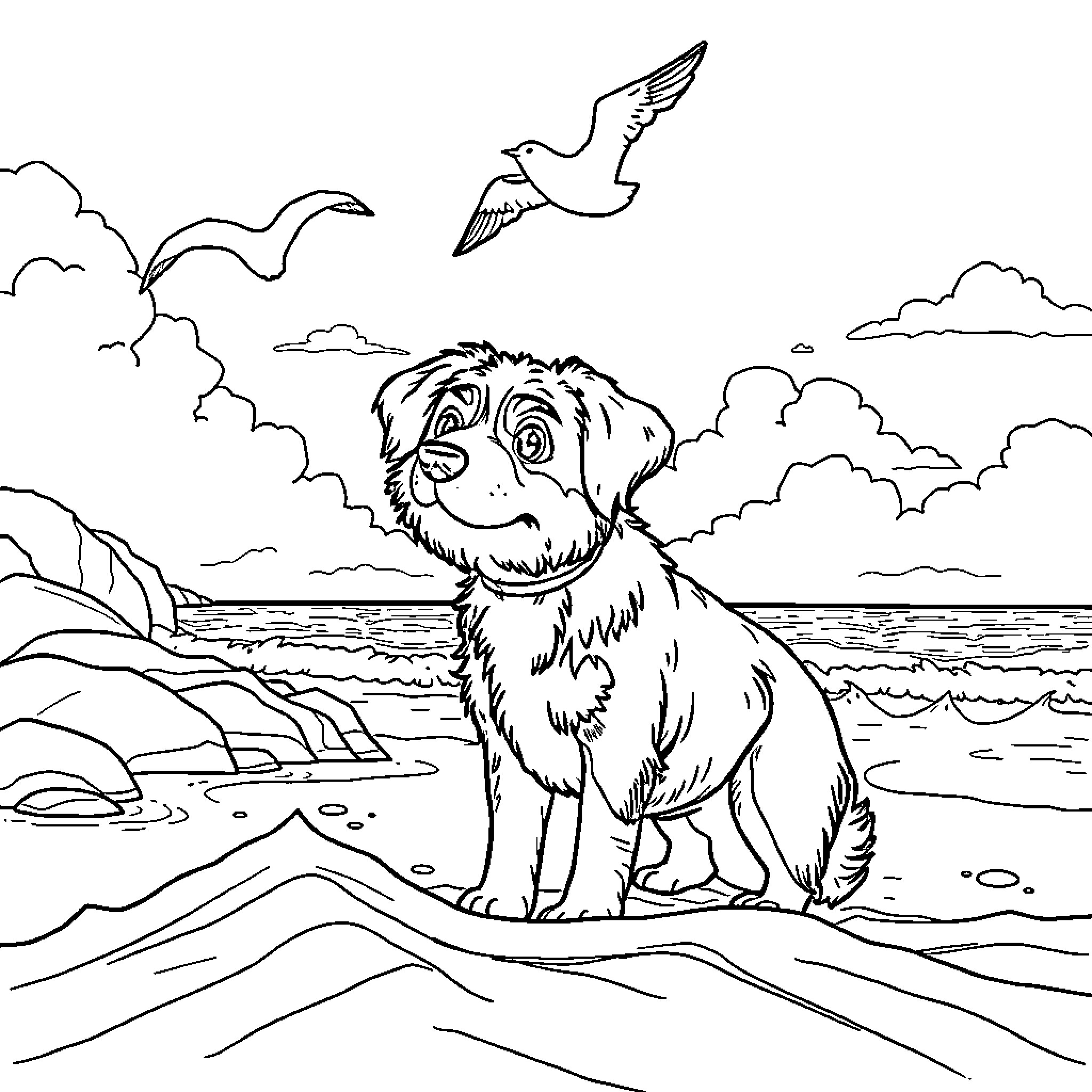 Huntrix Puppy's Seaside Adventure Coloring Page (free black-and-white line drawing printable PDF for all, from beginners to advanced learners, including children, teens, adults, and seniors)