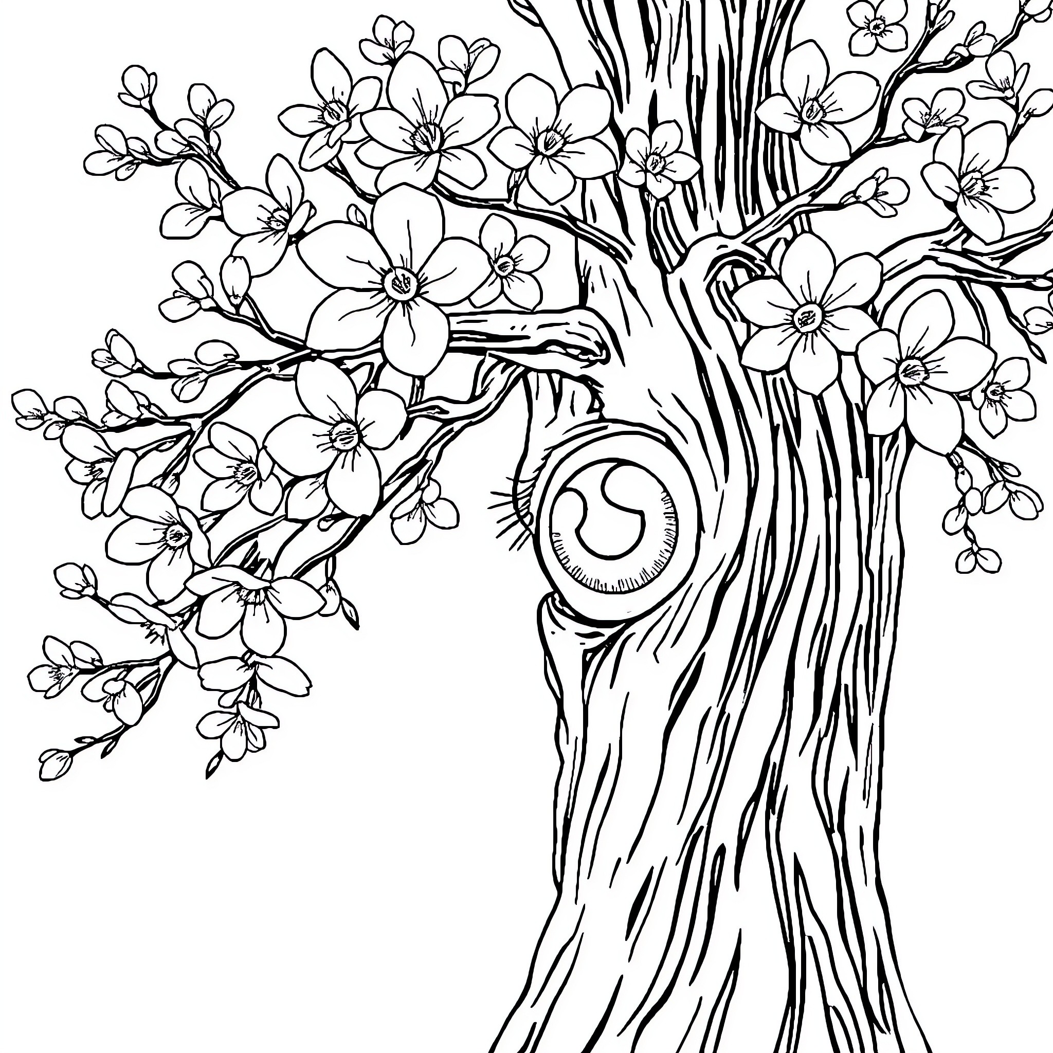 Cherry Blossom Tree with Intricate Floral Details Coloring Page (free black-and-white line drawing printable PDF for all, from beginners to advanced learners, including children, teens, adults, and seniors)