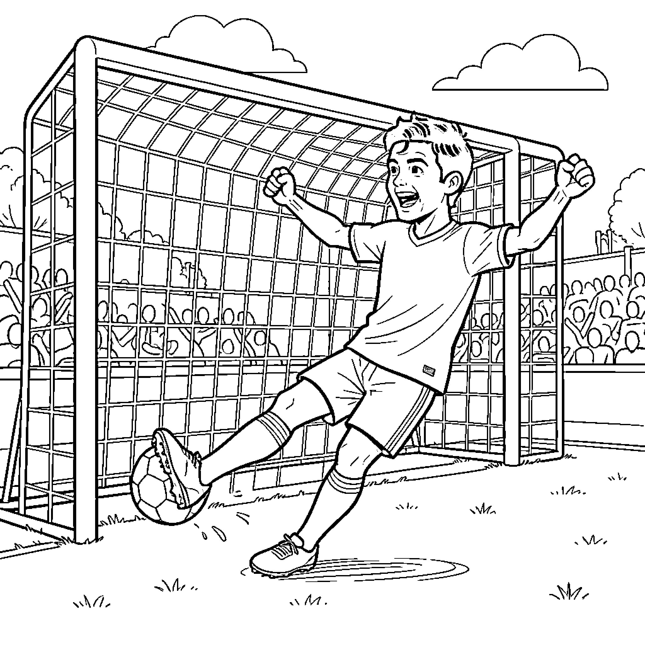 Boy kicking a soccer ball into the goal Coloring Page (free black-and-white line drawing printable PDF for all, from beginners to advanced learners, including children, teens, adults, and seniors)