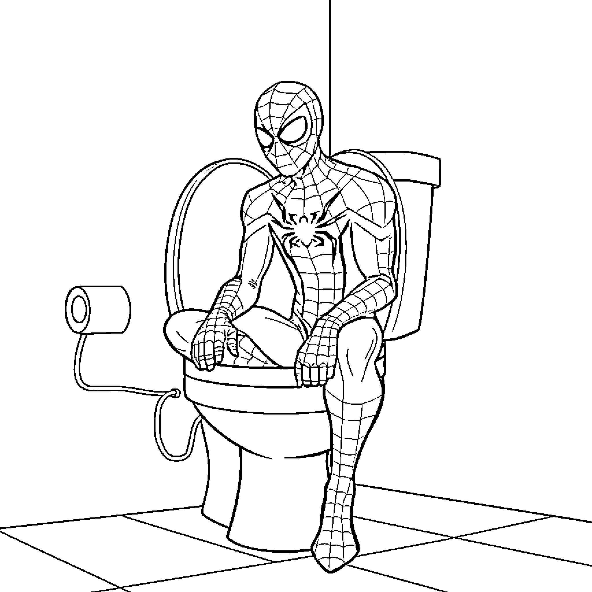 Spiderman in Silly Bathroom Pose Coloring Page (free black-and-white line drawing printable PDF for all, from beginners to advanced learners, including children, teens, adults, and seniors)