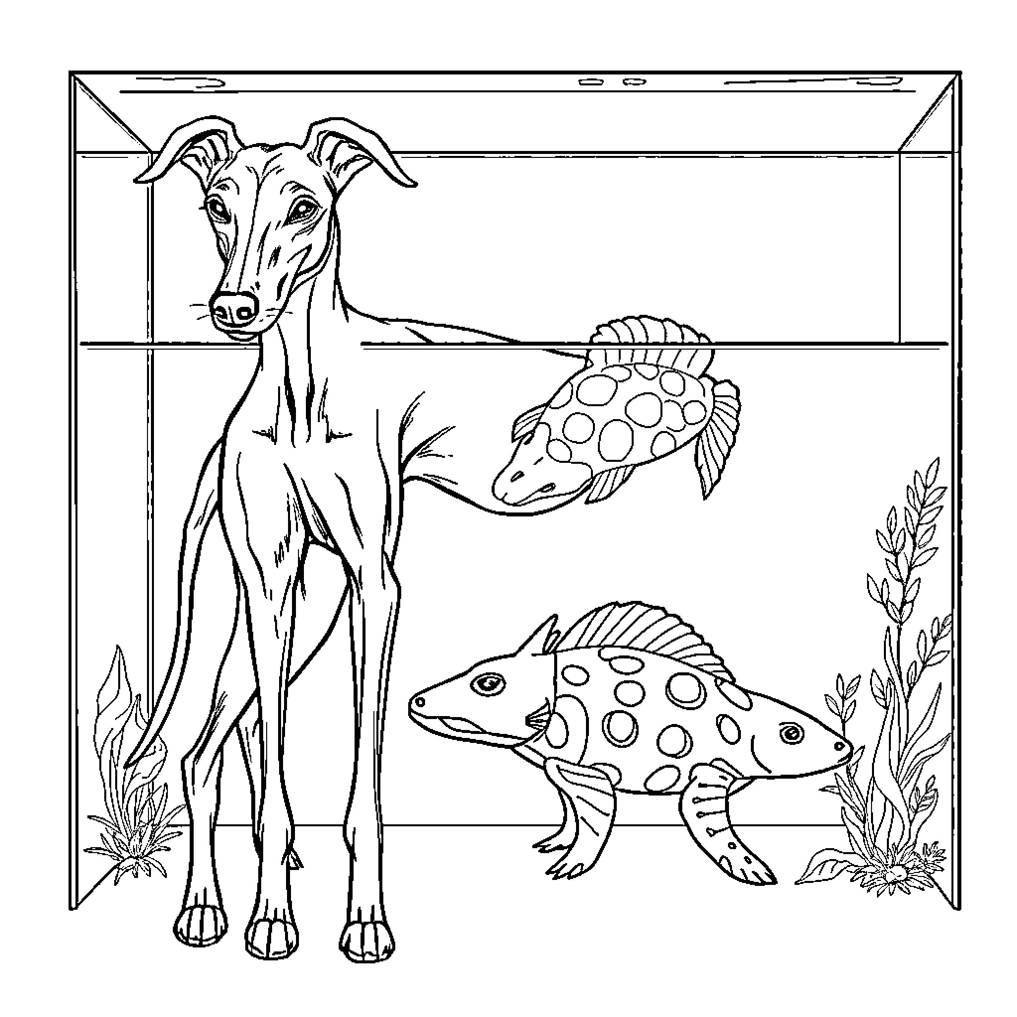 Greyhound and Spotted Fish in Aquarium Coloring Page (free black-and-white line drawing printable PDF for all, from beginners to advanced learners, including children, teens, adults, and seniors)