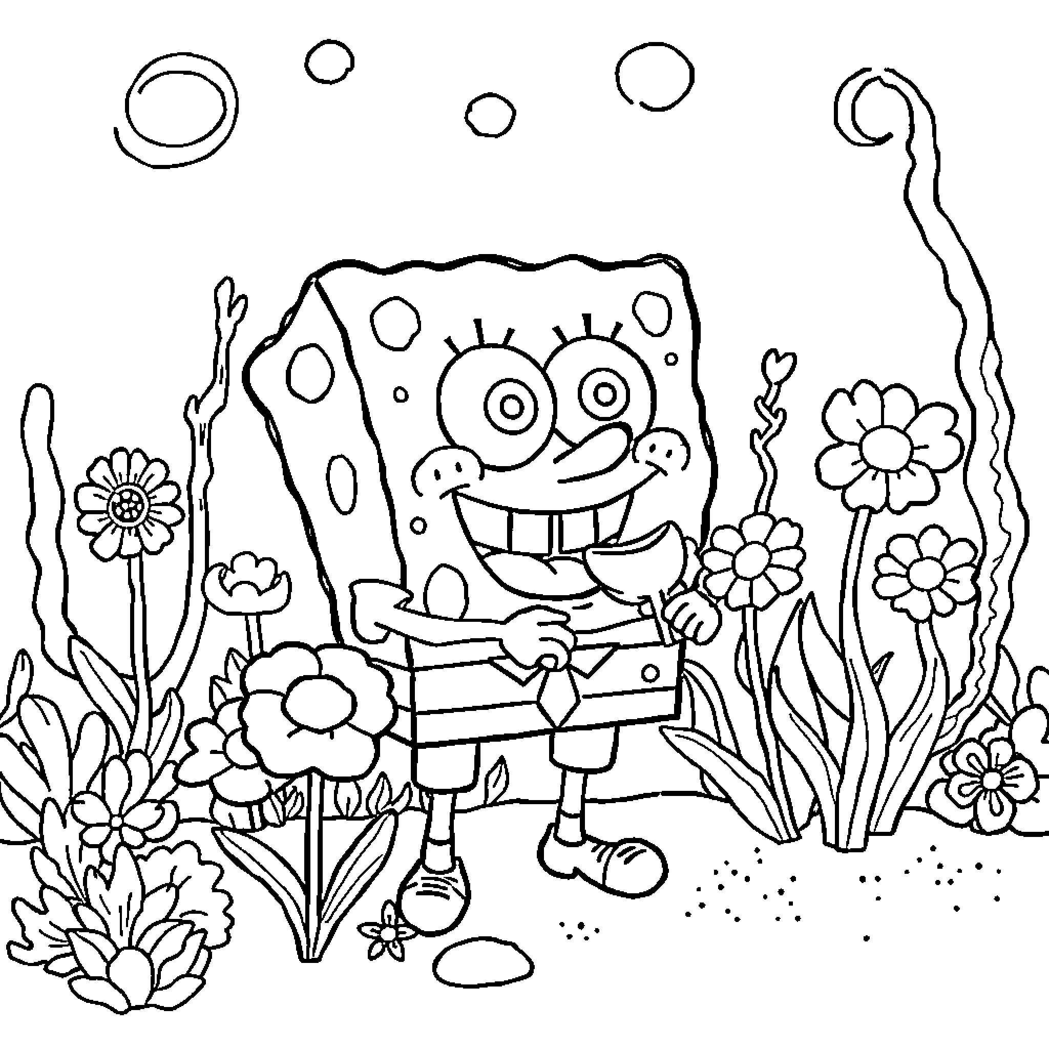 Spongebob enjoying a day in the garden Coloring Page (free black-and-white line drawing printable PDF for all, from beginners to advanced learners, including children, teens, adults, and seniors)