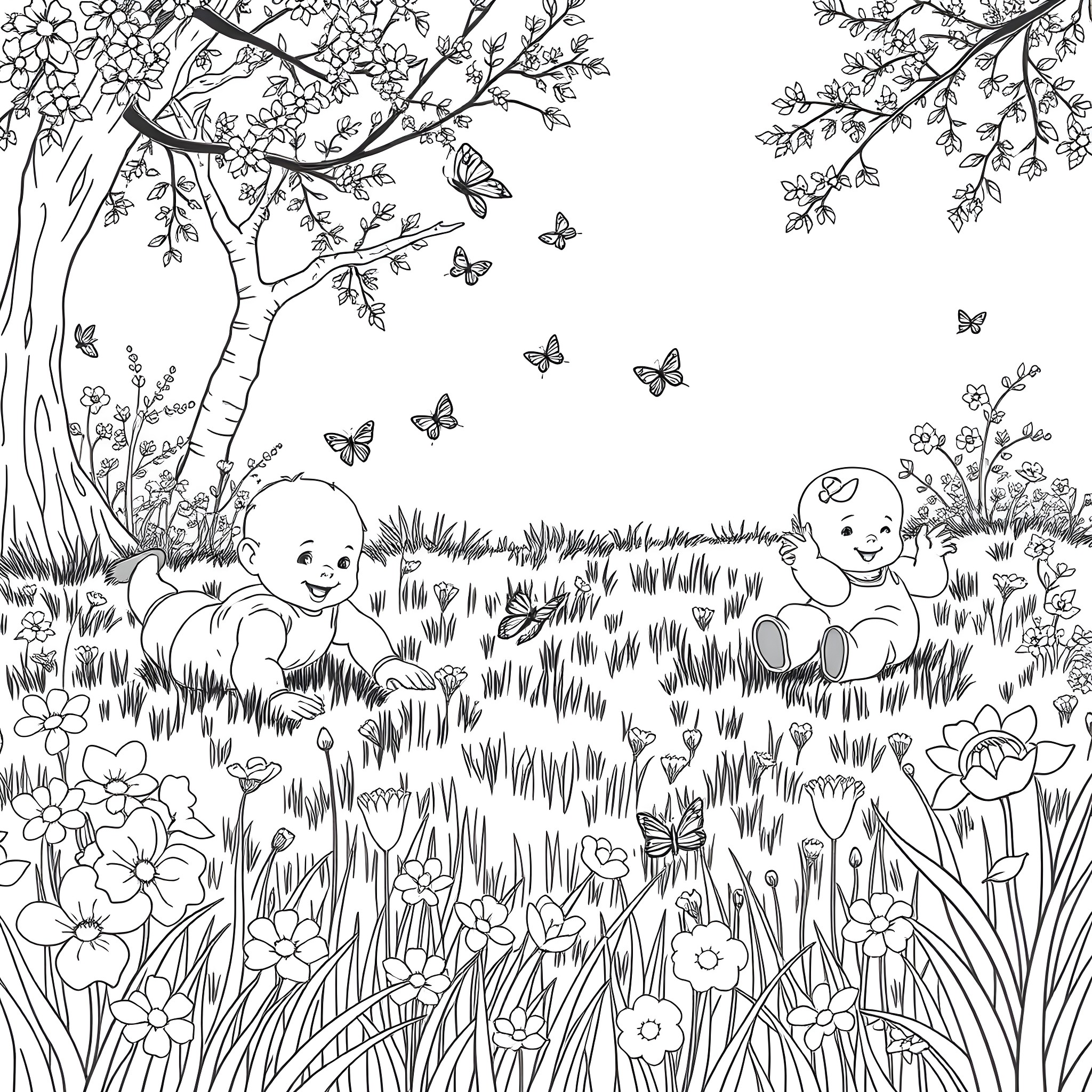 Baby playing in the meadow with butterflies Coloring Page (free black-and-white line drawing printable PDF for all, from beginners to advanced learners, including children, teens, adults, and seniors)