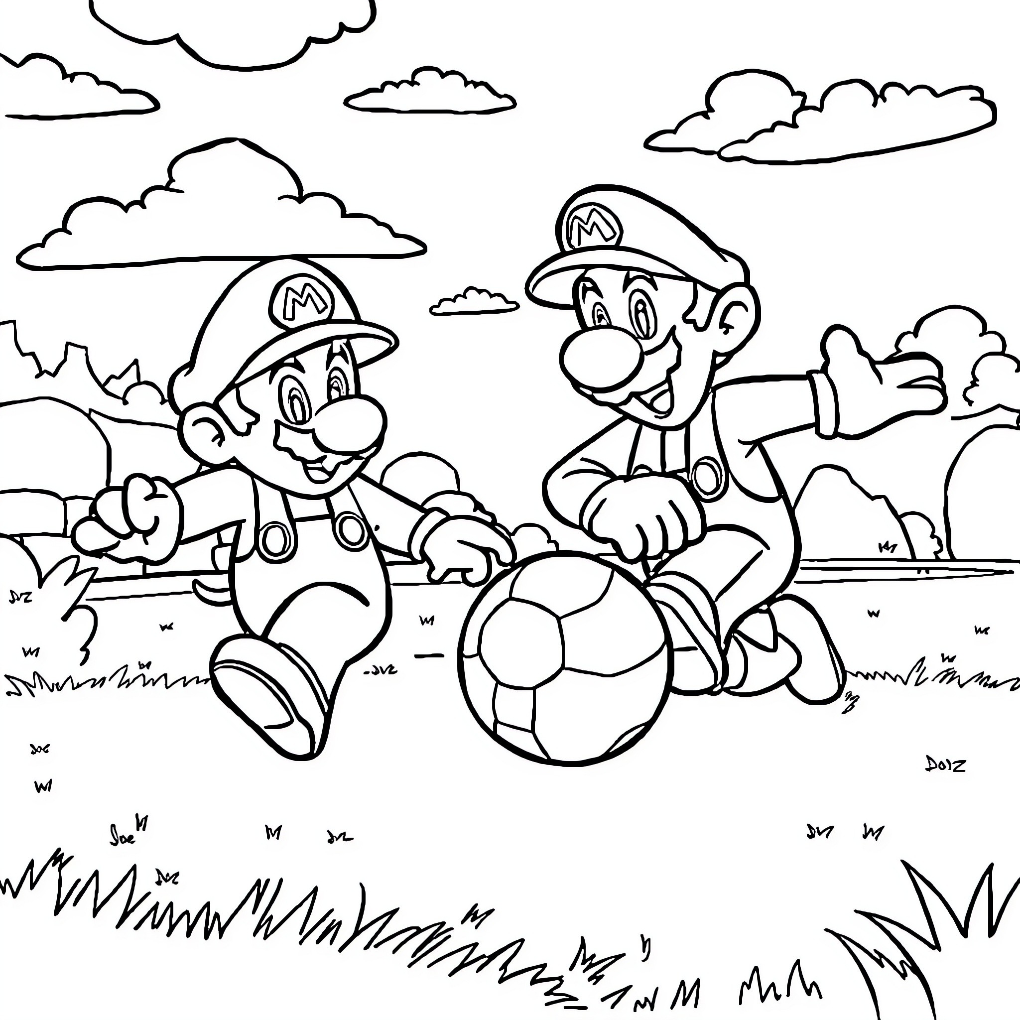 Mario characters in an outdoor scene Coloring Page (free black-and-white line drawing printable PDF for all, from beginners to advanced learners, including children, teens, adults, and seniors)