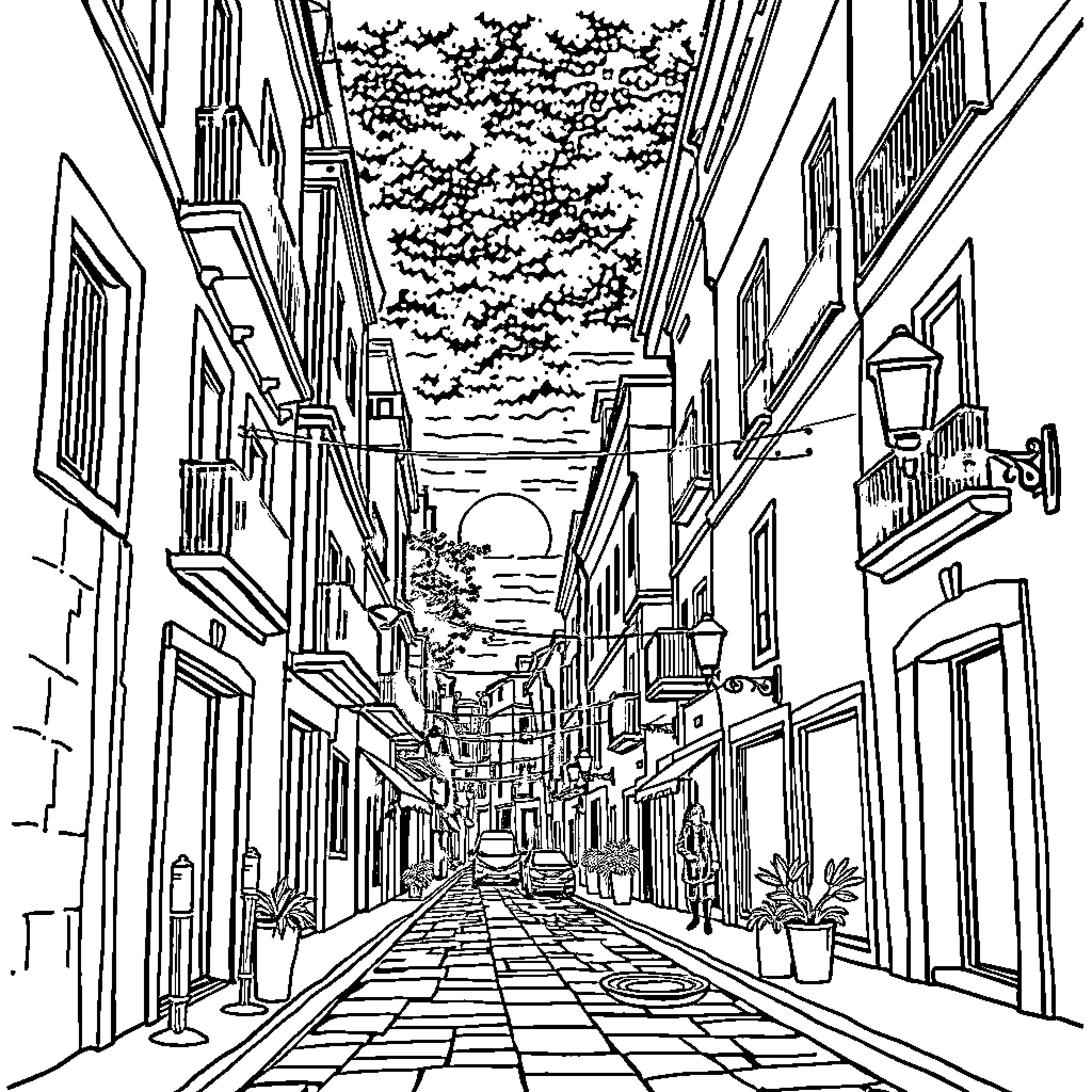 Skull street scene in old town with buildings Coloring Page (free black-and-white line drawing printable PDF for all, from beginners to advanced learners, including children, teens, adults, and seniors)