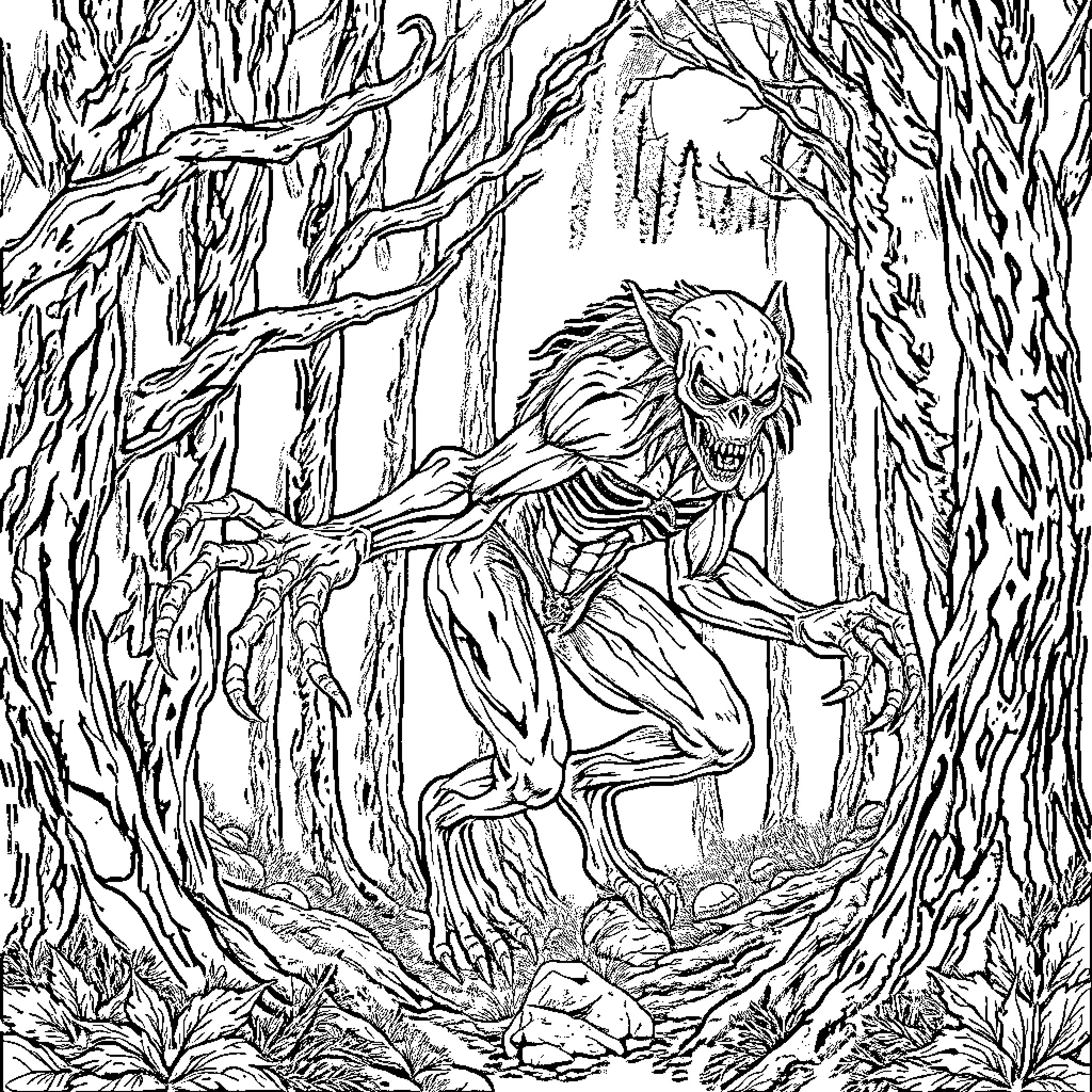 Skinwalker lurking menacingly in the dark forest Coloring Page (free black-and-white line drawing printable PDF for all, from beginners to advanced learners, including children, teens, adults, and seniors)