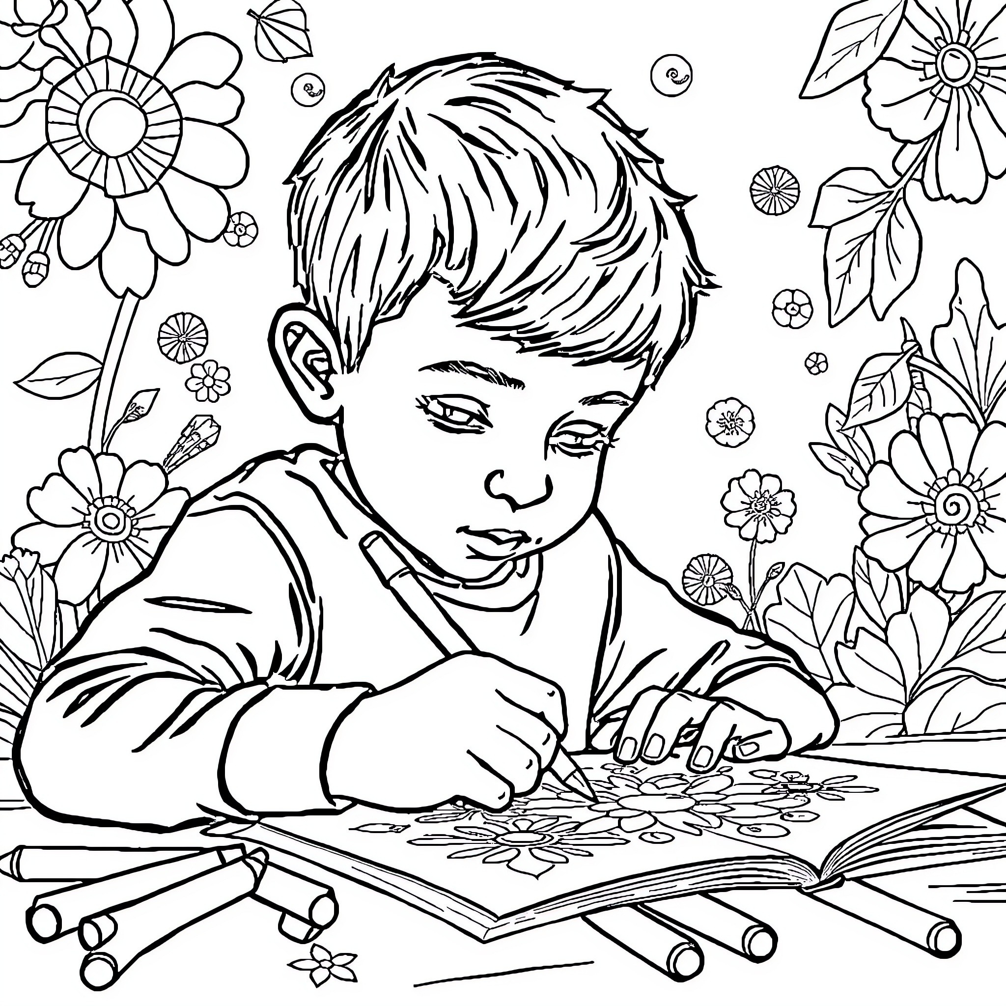 Child drawing colorful flowers on paper Coloring Page (free black-and-white line drawing printable PDF for all, from beginners to advanced learners, including children, teens, adults, and seniors)