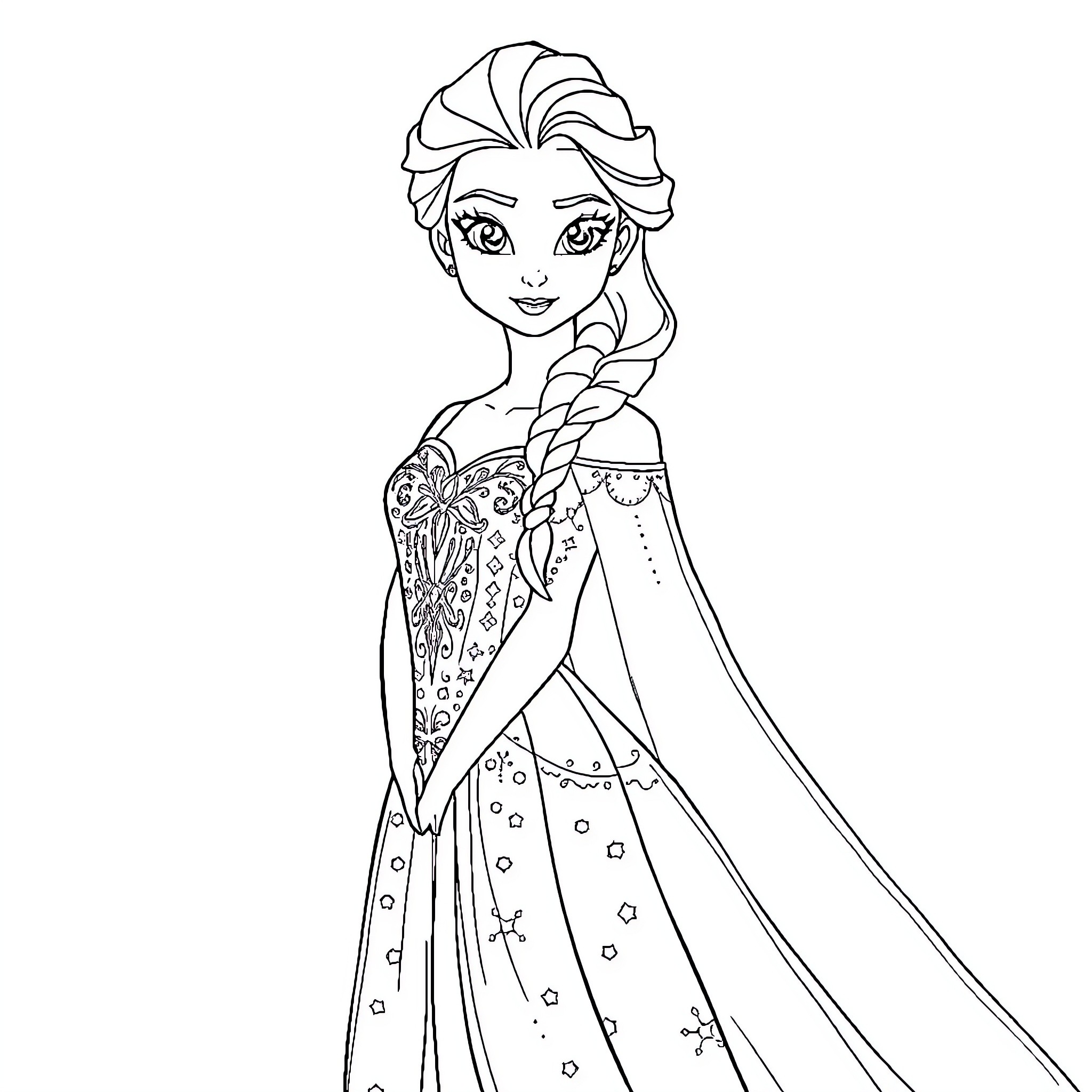 Elsa in elegant winter dress and braid Coloring Page (free black-and-white line drawing printable PDF for all, from beginners to advanced learners, including children, teens, adults, and seniors)