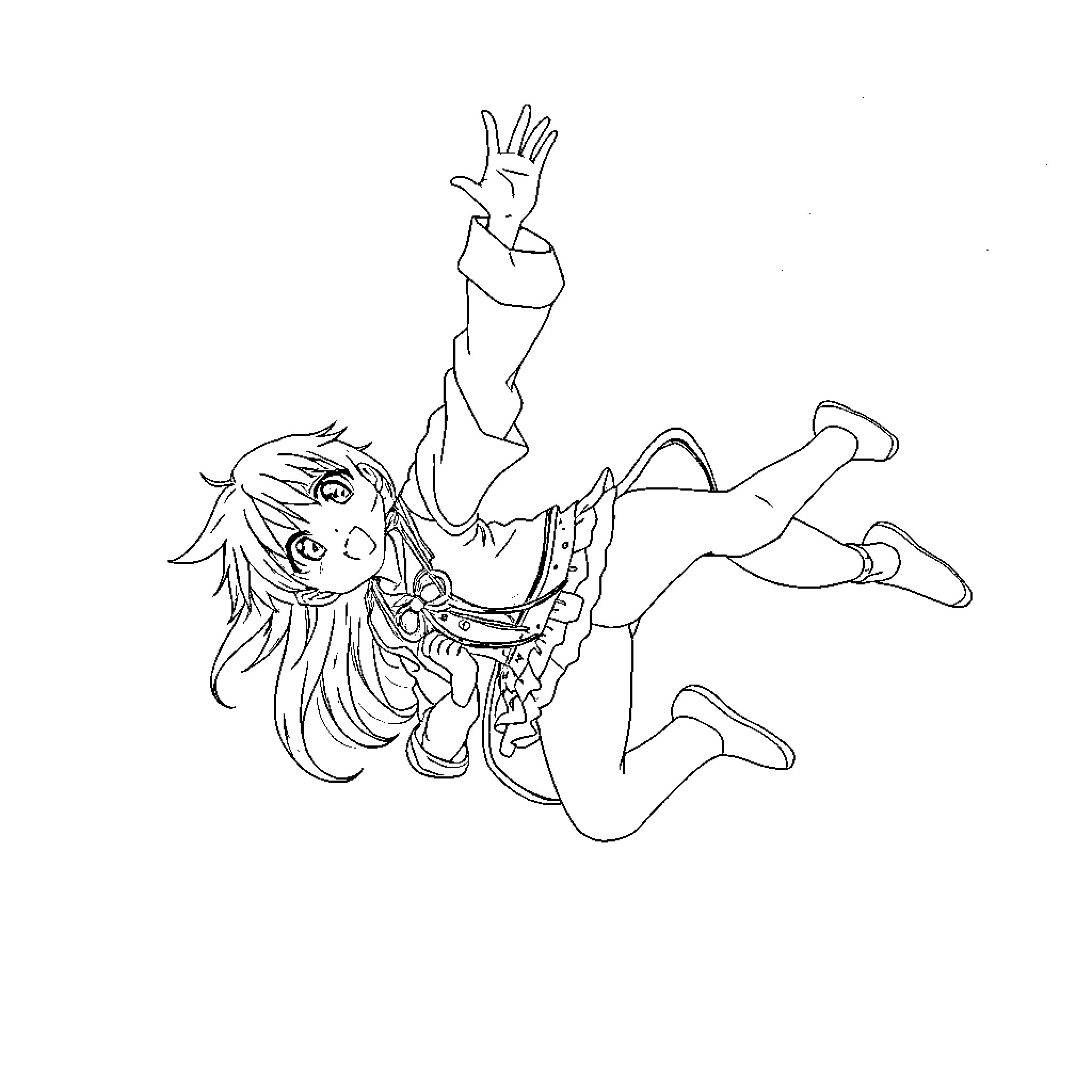 Anime Character performing acrobatic stunt Coloring Page (free black-and-white line drawing printable PDF for all, from beginners to advanced learners, including children, teens, adults, and seniors)