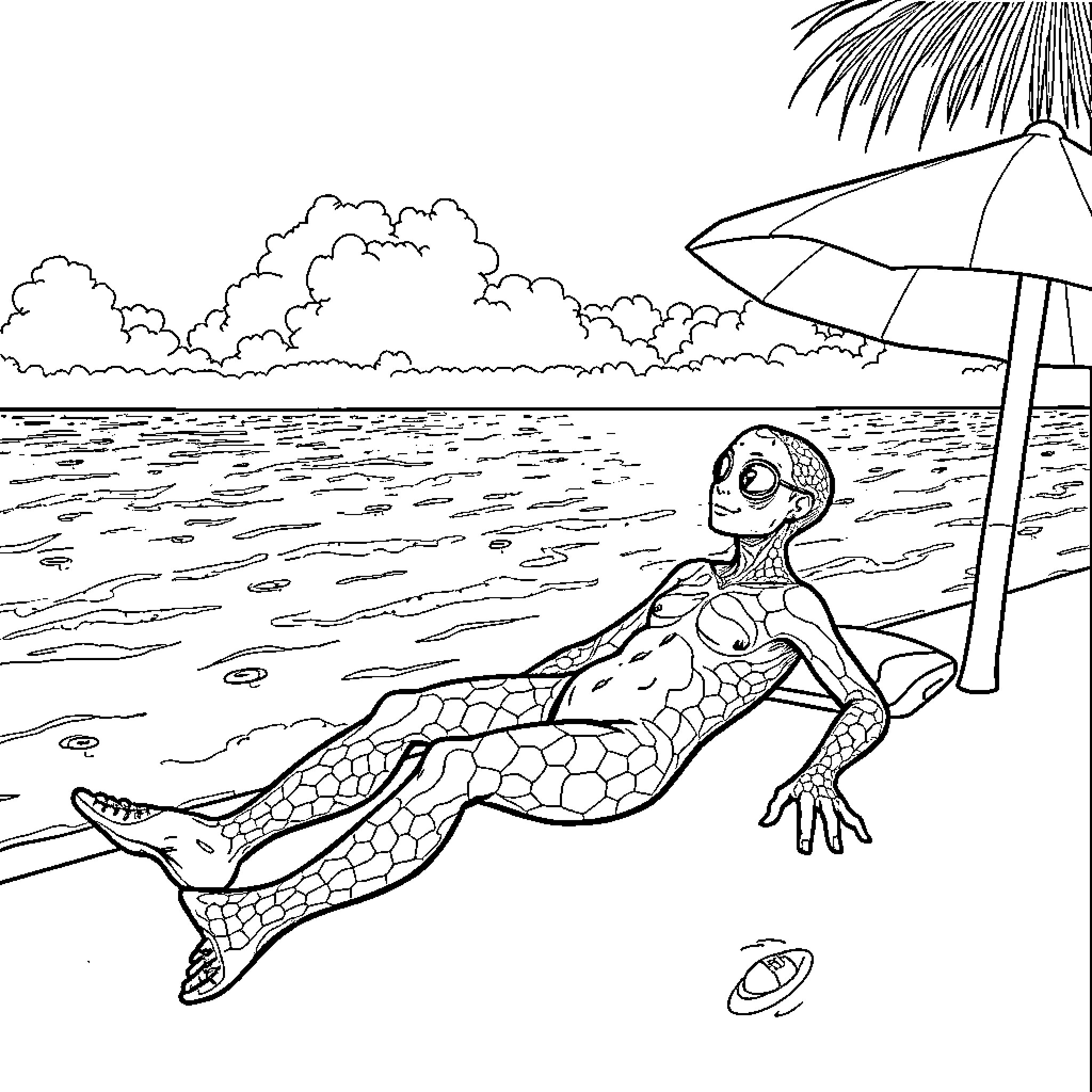 Epidermal Creature Relaxing on the Beach Coloring Page (free black-and-white line drawing printable PDF for all, from beginners to advanced learners, including children, teens, adults, and seniors)