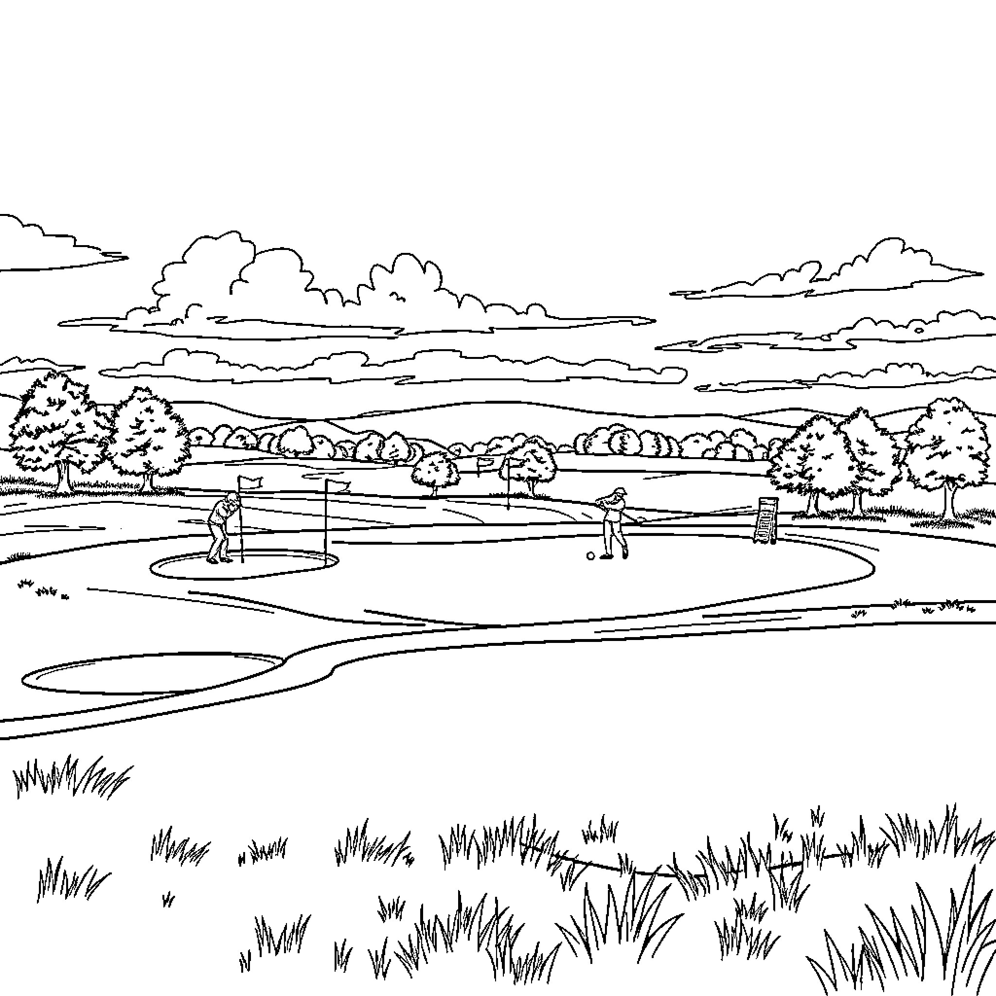 Golf Course with Golfers Playing on the Green Coloring Page (free black-and-white line drawing printable PDF for all, from beginners to advanced learners, including children, teens, adults, and seniors)
