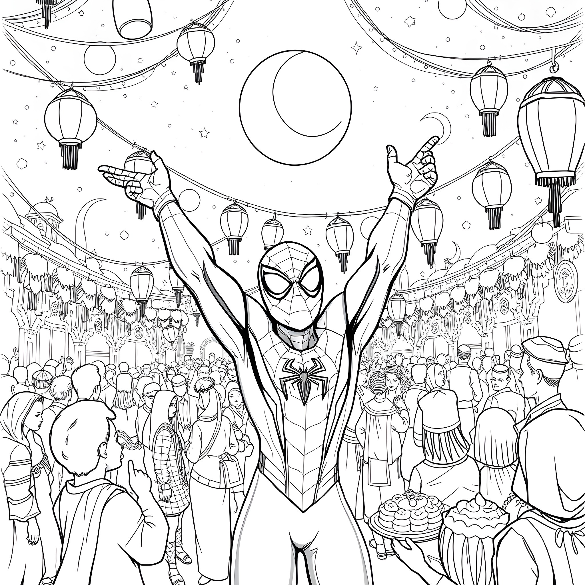 Spiderman celebrates with cheering crowd in festive scene Coloring Page (free black-and-white line drawing printable PDF for all, from beginners to advanced learners, including children, teens, adults, and seniors)