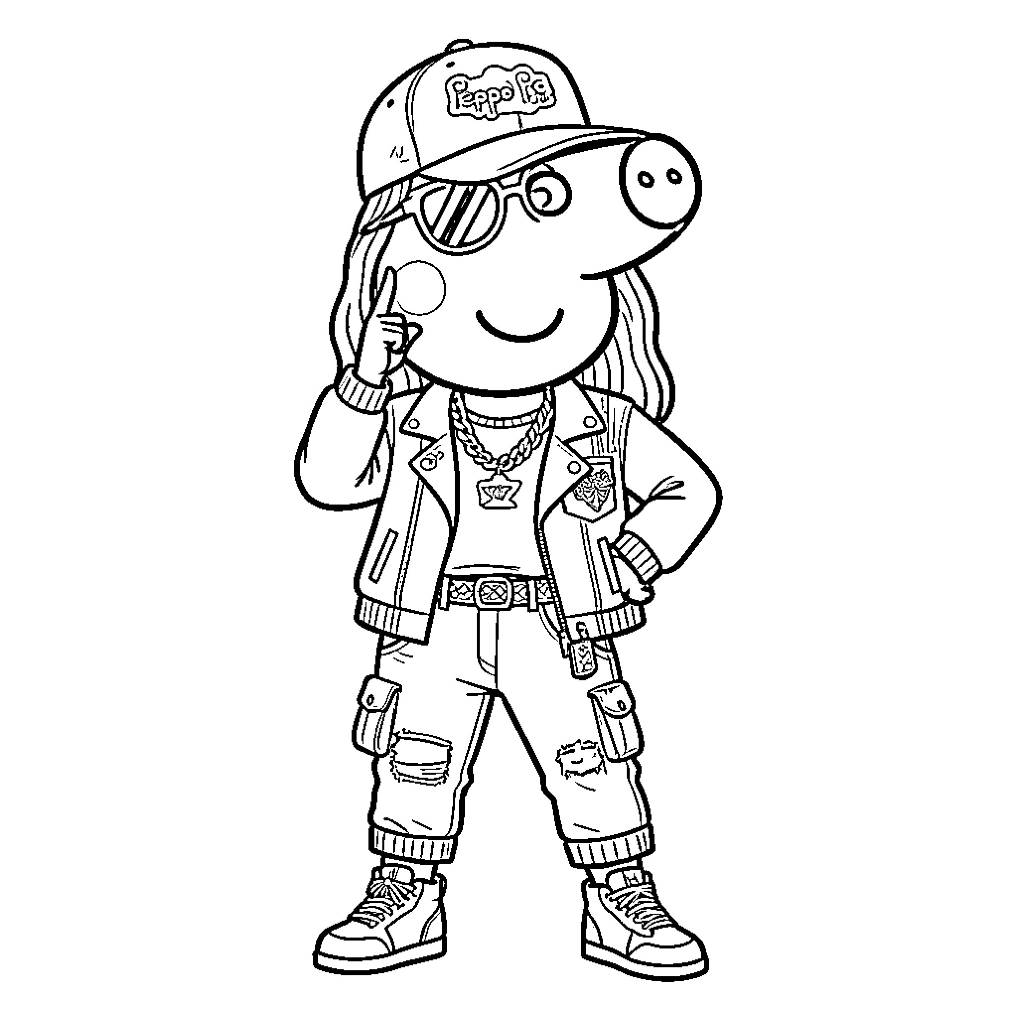 Peppa Pig wearing trendy streetwear and sunglasses Coloring Page (free black-and-white line drawing printable PDF for all, from beginners to advanced learners, including children, teens, adults, and seniors)