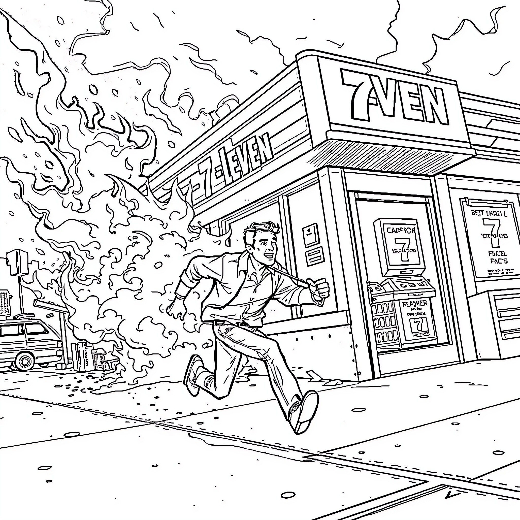 Man running away from burning convenience store Coloring Page (free black-and-white line drawing printable PDF for all, from beginners to advanced learners, including children, teens, adults, and seniors)