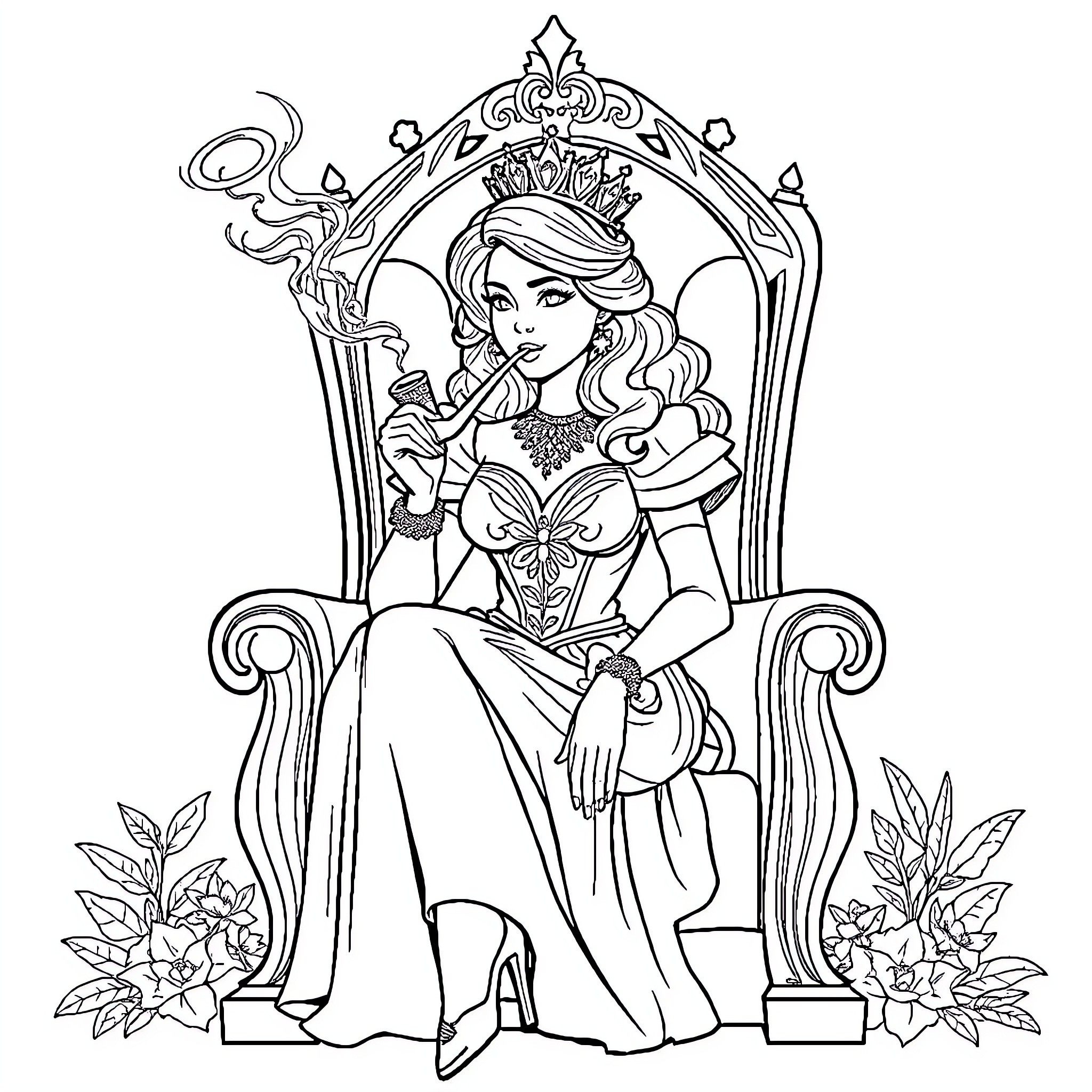 Princess seated on an ornate throne Coloring Page (free black-and-white line drawing printable PDF for all, from beginners to advanced learners, including children, teens, adults, and seniors)