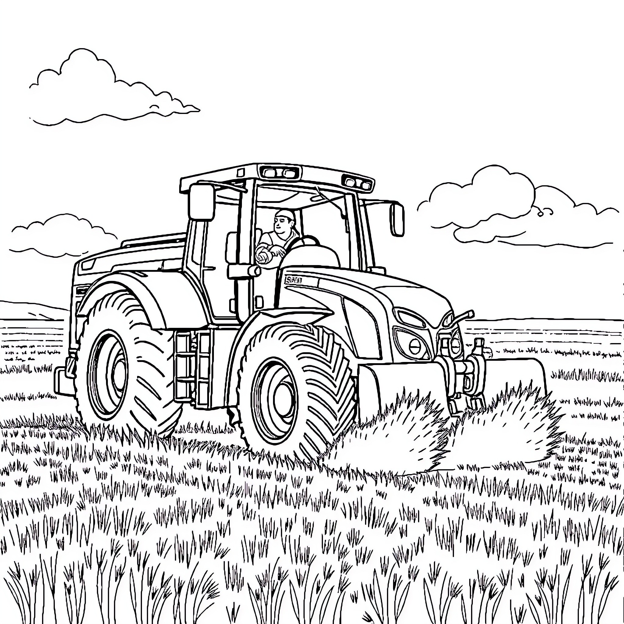 Logo of a tractor working in a farm field Coloring Page (free black-and-white line drawing printable PDF for all, from beginners to advanced learners, including children, teens, adults, and seniors)