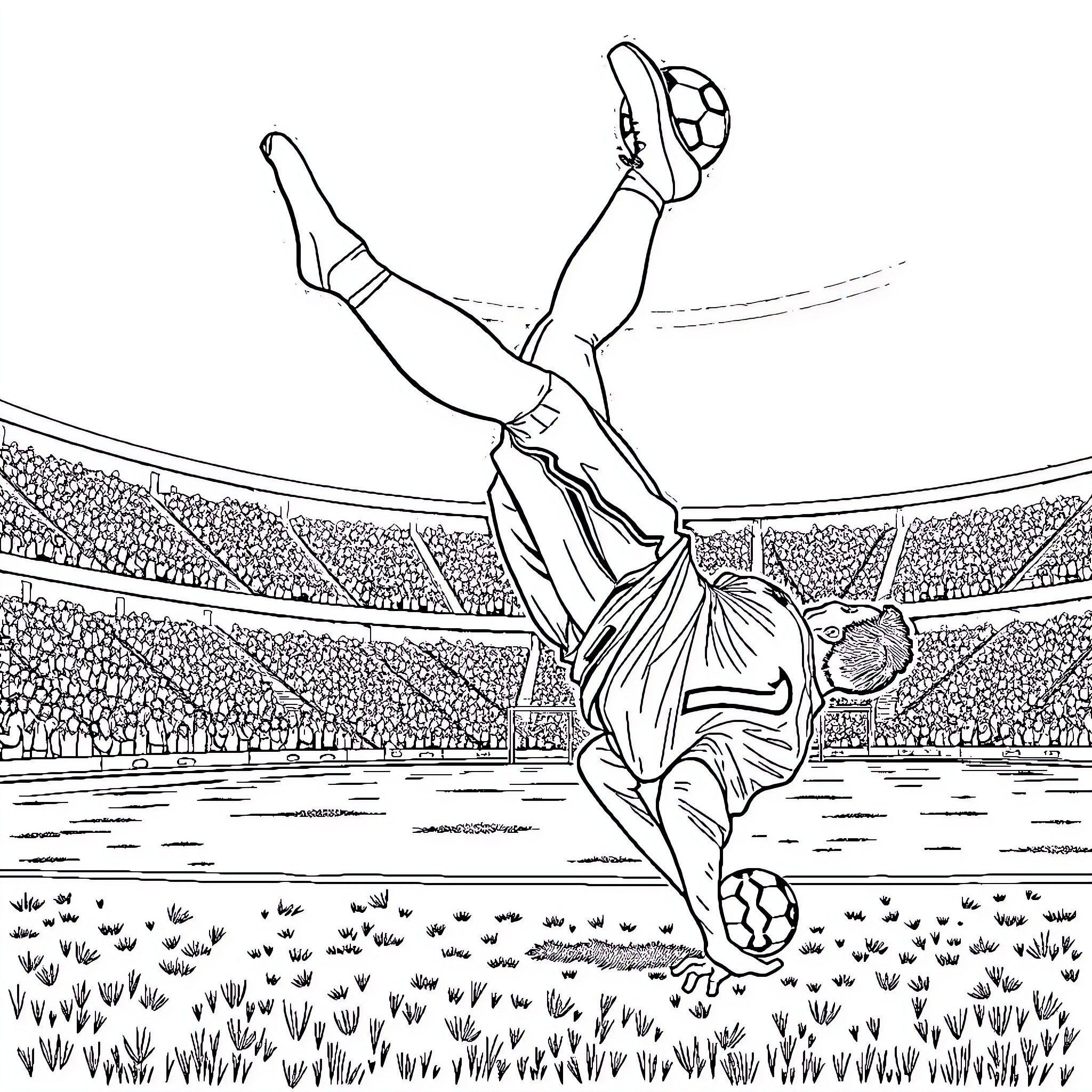 Cristiano Ronaldo performing acrobatic moves on the soccer field Coloring Page (free black-and-white line drawing printable PDF for all, from beginners to advanced learners, including children, teens, adults, and seniors)