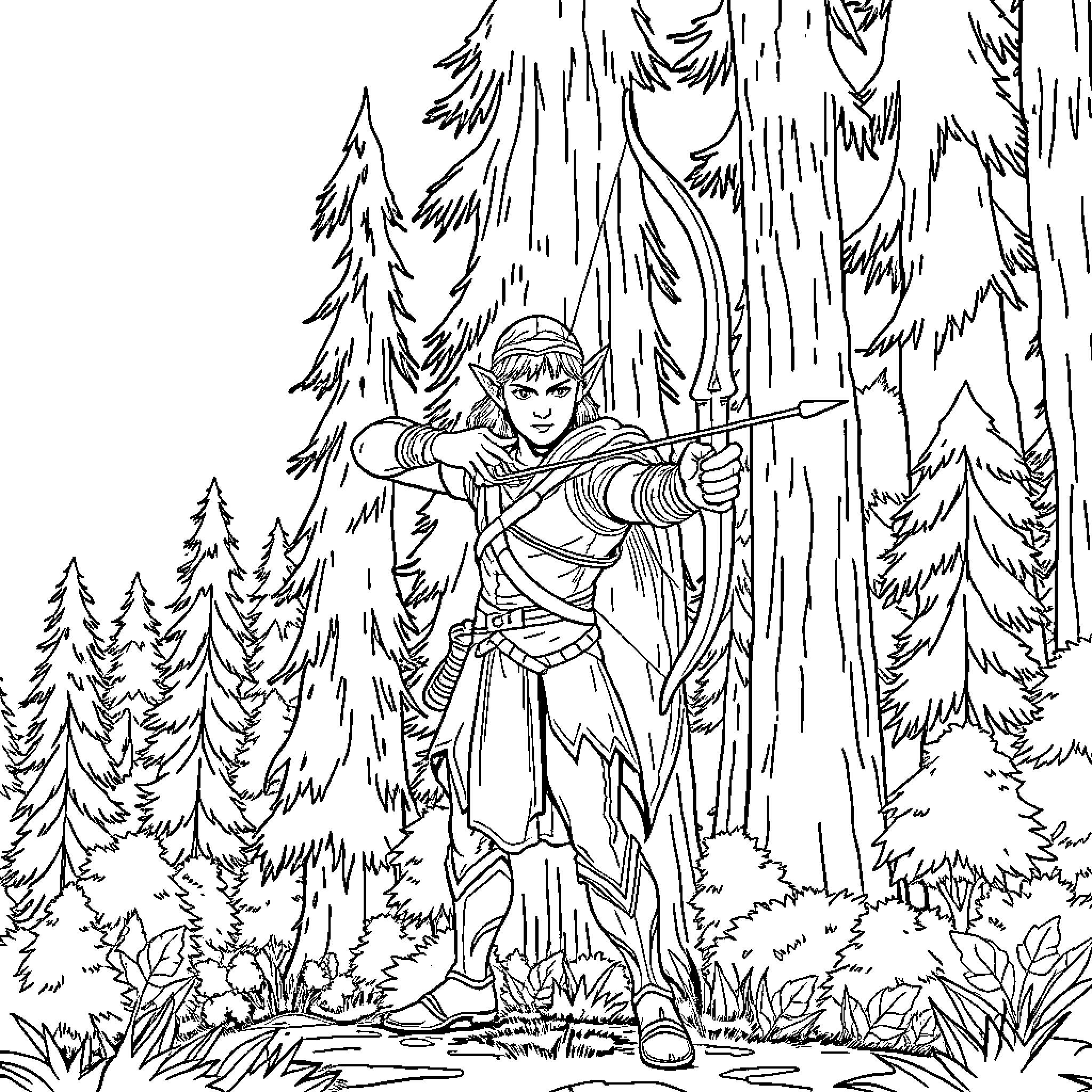 Elven Prince Hunting in the Enchanted Forest Coloring Page (free black-and-white line drawing printable PDF for all, from beginners to advanced learners, including children, teens, adults, and seniors)