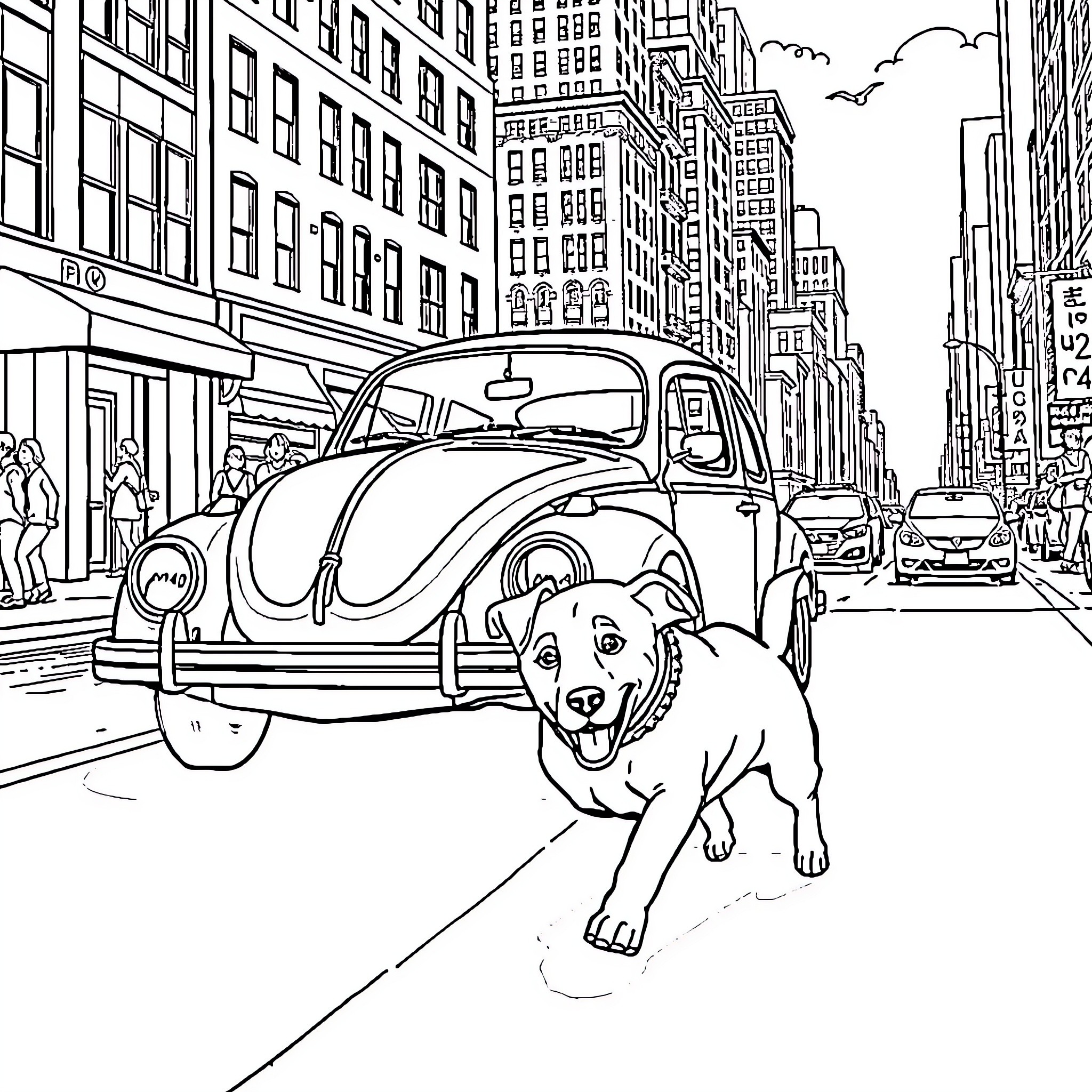 Dog exploring the busy city streets Coloring Page (free black-and-white line drawing printable PDF for all, from beginners to advanced learners, including children, teens, adults, and seniors)