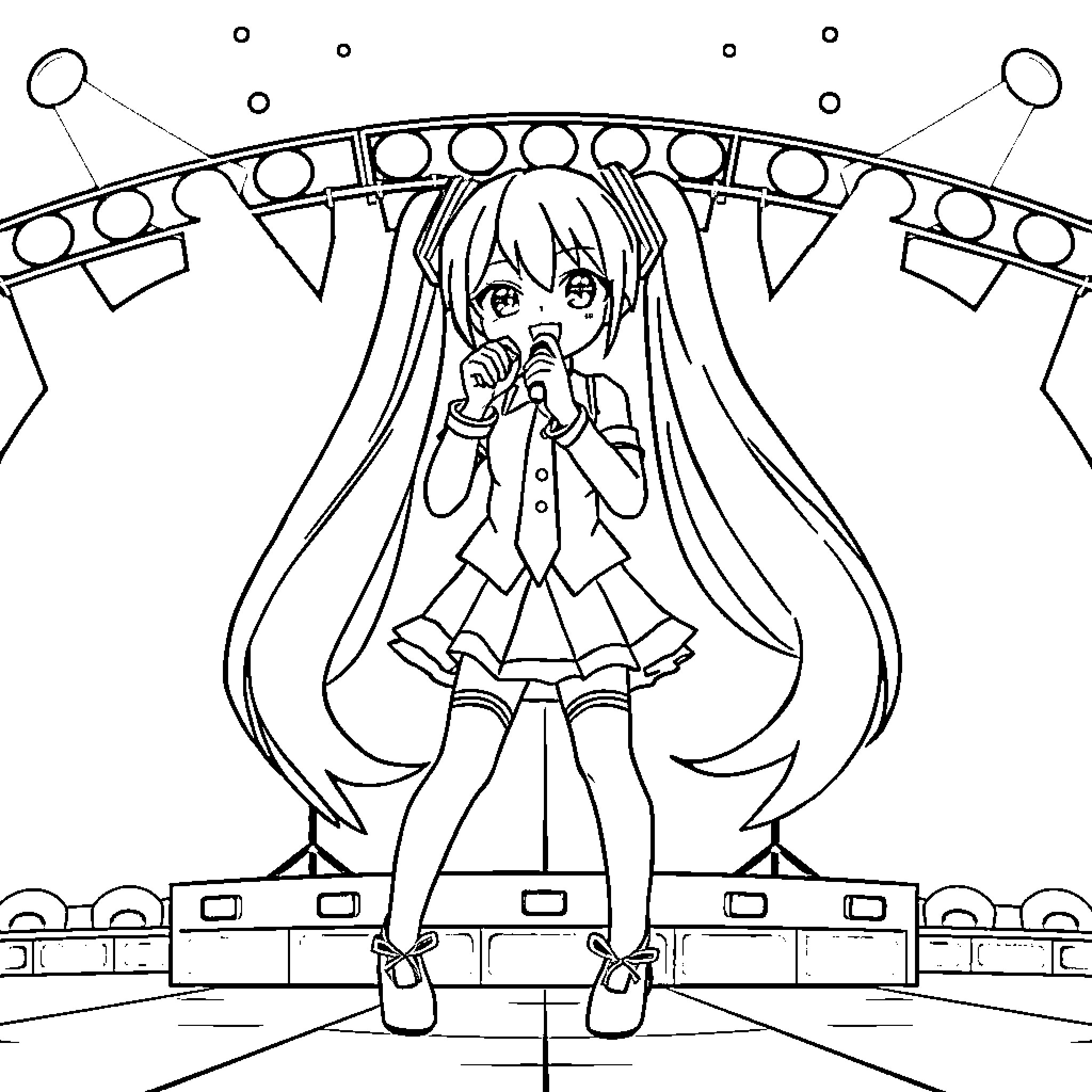 Hatsune Miku performing on stage Coloring Page (free black-and-white line drawing printable PDF for all, from beginners to advanced learners, including children, teens, adults, and seniors)